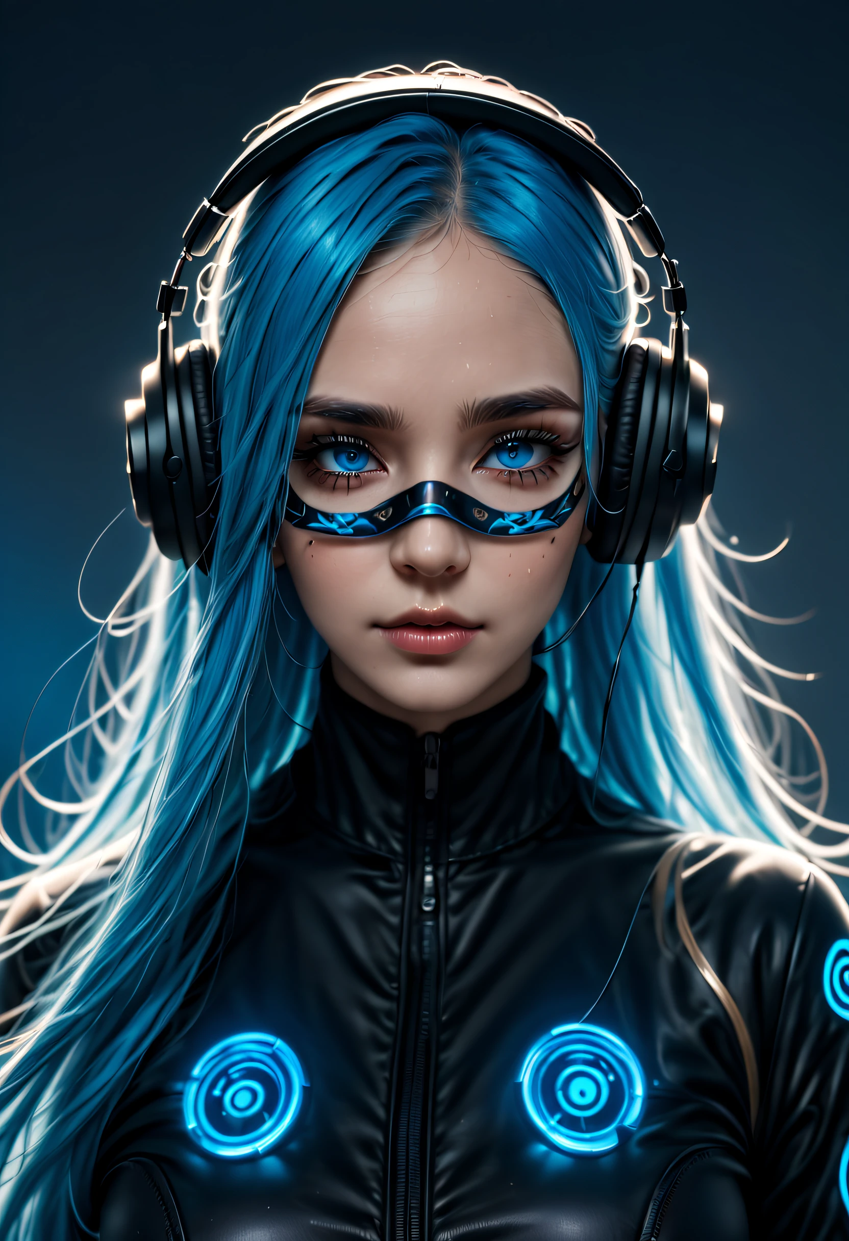 girl with long blue hair, blue eyes, futuristic vibes, mask on mouth, headphones, 8k, high quality, simple background, glowing eyes, nice pose