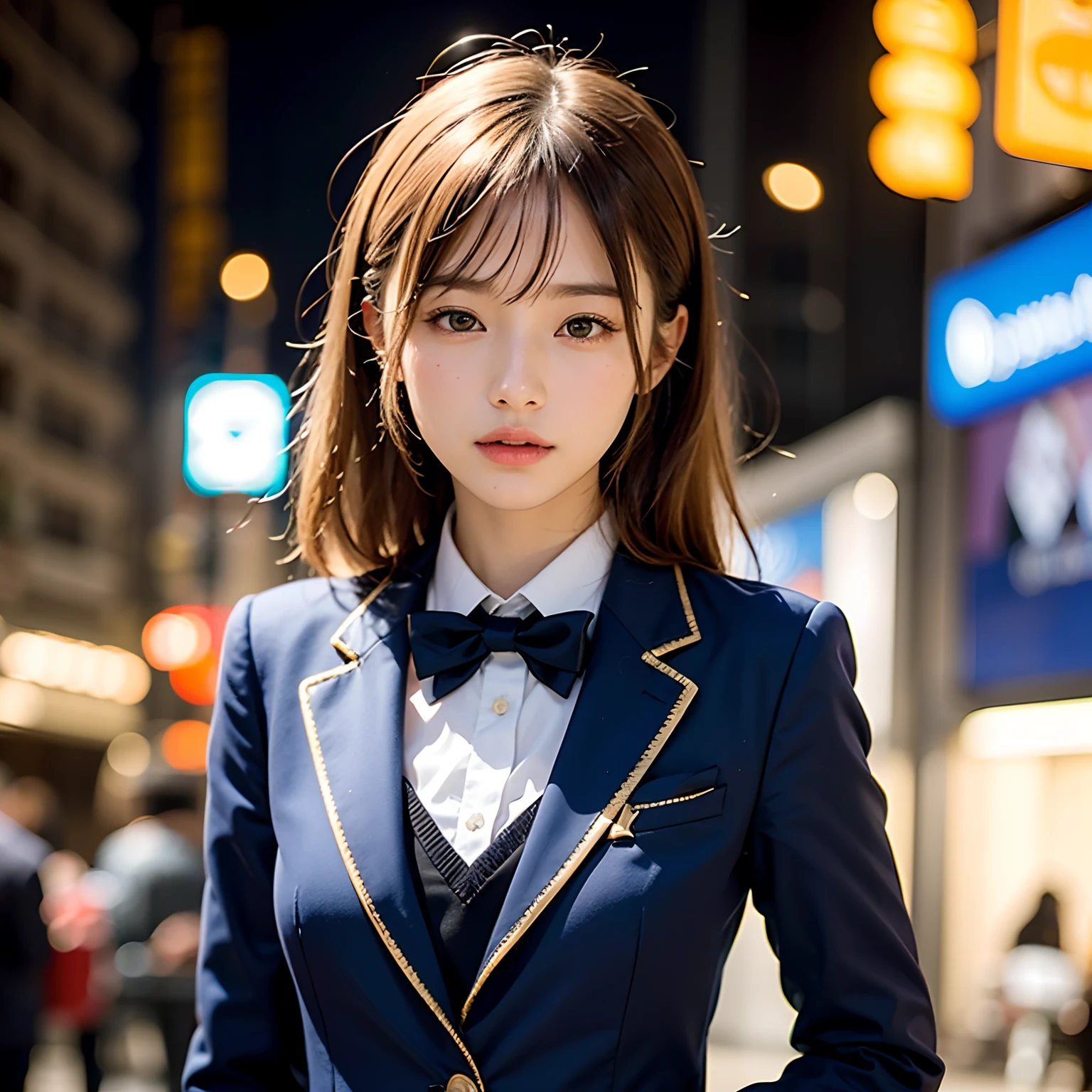 (masutepiece, Best Quality:1.2), 8K, Official art, Full body photo, full body Esbian、Back Angle、turned around、Cute ass、suits、Embarrassing black hair、14years、small tits、Eyes closed、Deep sadness、Sorrow、look up sky、screeming、 unbelievable Ridiculous, (Upper body, Dark blue suit:1.4), Beautiful Girl, Pretty Face, arching back down, cute panty、Gold hair ornament on hair、Wearing a cute suit、close up, Wearing a suit, Short sleeve, gardenia, violaceaess, , Street, Looking at Viewer, Film grain, chromatic abberation, Sharp Focus, face lights, Dynamic lighting, Cinematic lighting, Eyes and faces with detailed, Bokeh background, (1 dark red bow tie:1.2)