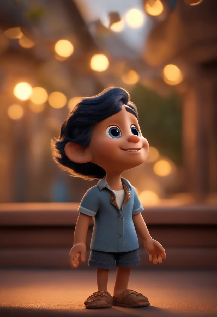 Garoto, estilo disney, tom de pele: claro: Cabelo: marrom escuro, liso, curto, penteado para o lado direito. camisa: social, Cor azul. Fundo: Gray and white gradient,Comemorando, Hands raised, sorrindo, feliz, (estilo pixar) (obra-prima:1.2) (bokeh) (melhor qualidade) (pele detalhada) (textura detalhada) (8k) (claymation) (cinematic lighthing) (foco nítido