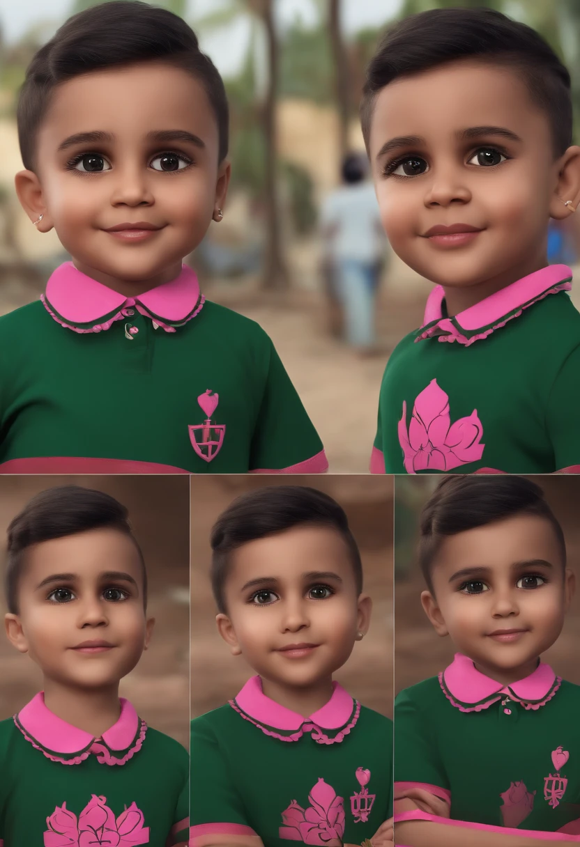 Cute Small Male Child , cebelos curto, dark green shirt with pink collars and sleeves and the FFC symbol, ele tem bochechas grande, Thick eyebrows and you're smiling