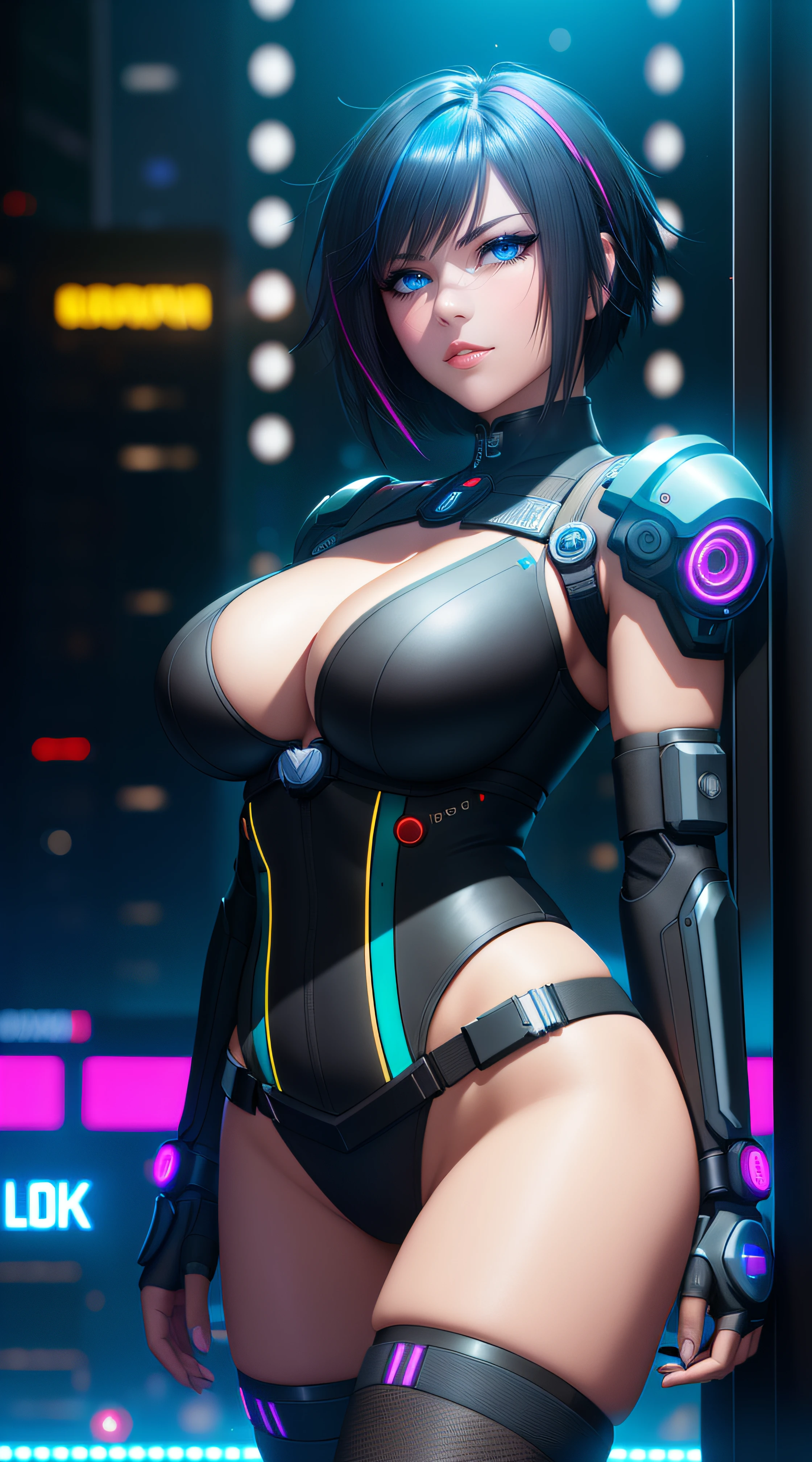 there is a woman standing, Neon streaked Black Hair, Bob Short Hair, cyberpunk femme fatale, seductive cyberpunk dark fantasy, cyberpunk strip clubs, cyberpunk 20 y. o model girl, oppai cyberpunk, Serious Face, Realistic Face Resolution, Realistic, Object Resolution, (dark city night black background:1.4), deep cleavage, banner, high definition cgsociety, cgsociety masterpiece, trending on cgstation, kda