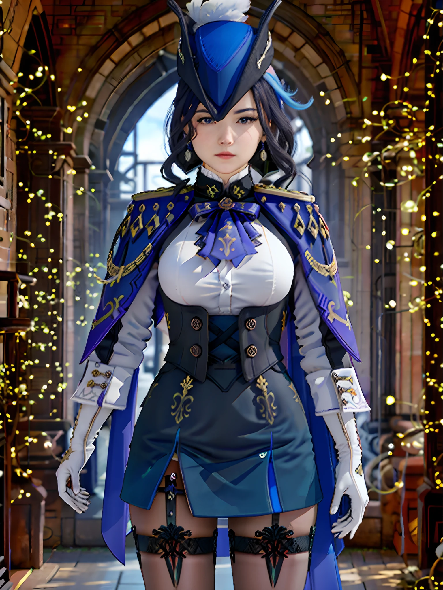 8K分辨率、Raw photo、1girl in, Klonde \(GenshinImpact\), tricorne, pantyhose, earrings, blue cape, White Gloves, pencil skirts, White shirt, Thigh strap, Underbust, ascot, Jacket, depth of fields, Standing, Cowboy Shot, Glaring, put hands on the hip, Looking at Viewer, chies, Indoors