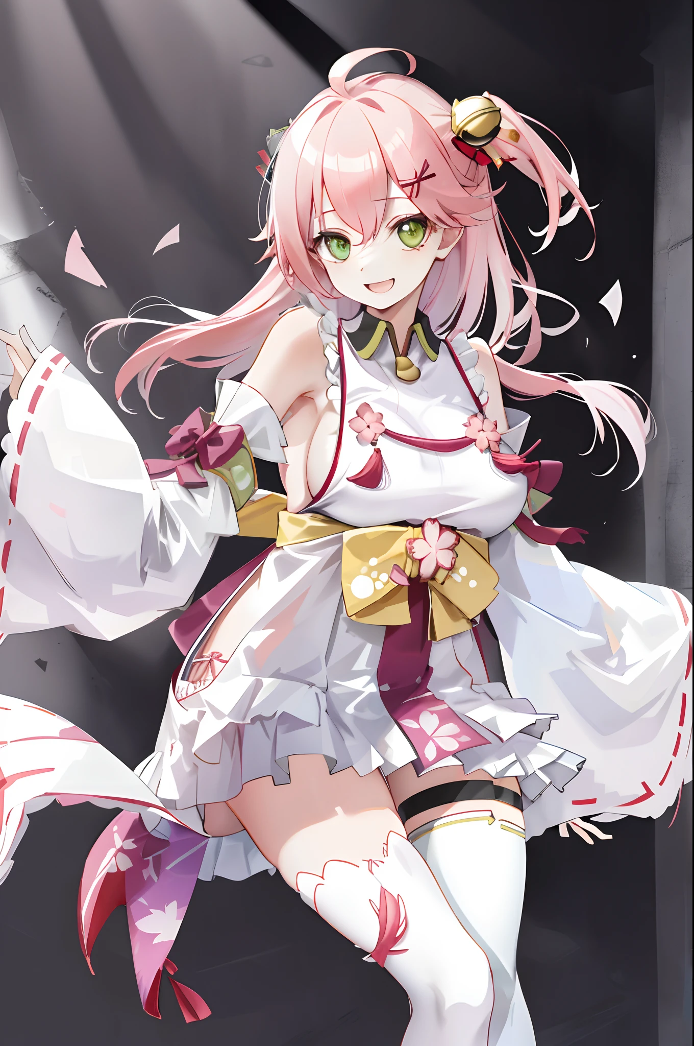 masterpiece, best quality, highres, miko1, sakura_miko, 1girl, big_boobs, solo, ahoge, x_hair_ornament, pink_hair, floral print, hairclip,(side_less_clothes:1.5), (side_boobs:1.5), hair_bell, floral print, long_hair, hair between eyes, one side up, white thighhighs, asymmetrical legwear, wide sleeves, open_mouth,(happy:1.3),green_eyes,big_smile,(raise_leg:1.3),plump,apart_legs,(overly_long_sleeves:1.3),),sleeves_past_wrists,hands_hidden_sleeves,sidelock_clothes,solo,hidden_wrists,(XD:1.5),covered_nipples,plump,sunlight,(bare_flank:1.3)