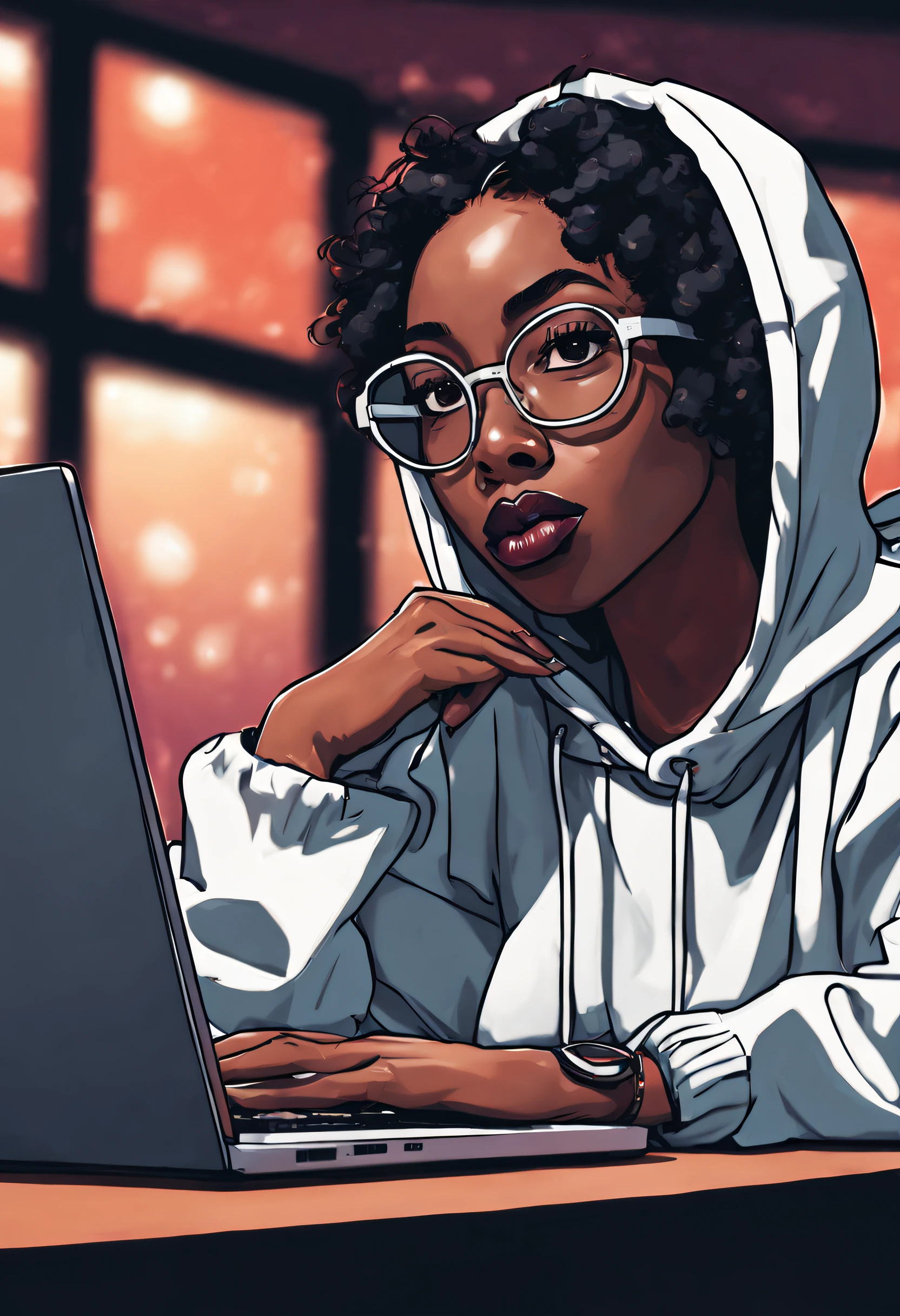 Lofi style character sexy black woman, with big white gig glasses, working on a laptop but looking up toward the camera, hoodies covering his face completly, loocking toward and facing the camera, in a music studio, at night, lofi style