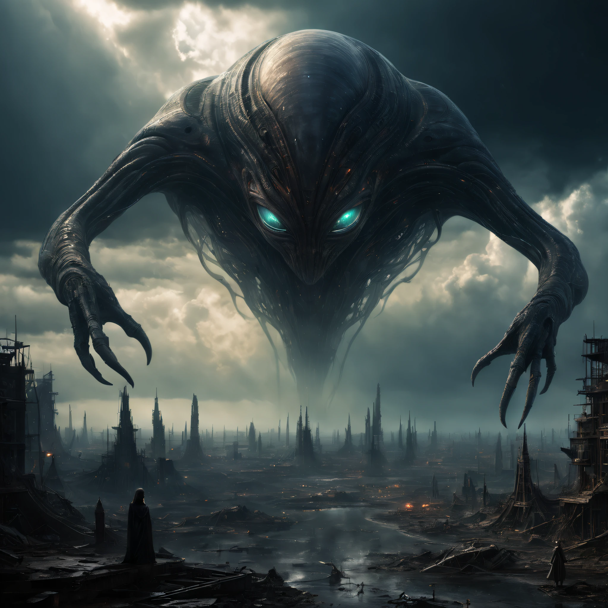 humongous large breast(alien creatures)floating in sky,Huge volume,Awesome presence,Towering monsters,Intricate details of the alien's appearance,They are huge proportions,Terrifyingly complex alien skin textures,An otherworldly glowing pattern,A strange glowing effect emitted by a creature,Surreal alien landscapes,The devastation caused by the arrival of aliens,Crumbling building,Frightened humans run in panic,Ominous atmosphere,Dark clouds swirling in the sky,A flickering light from an extraterrestrial energy source,Bright colors that contrast with the destruction,An encounter on an epic scale,There is a sense of surprise and fear,It is a major event in the history of mankind。(best qualtiy,4k,8k,Tall structures,tmasterpiece:1.2),ultra - detailed,realisticlying,Foto realism:1.37,HDR,hyper HD,studio lit,Ultra-fine painting,foco nítido,physically-based renderingt,extreme detail description,professinal,Vivid colors,Defocus,sci-fy,terror,scenecy
