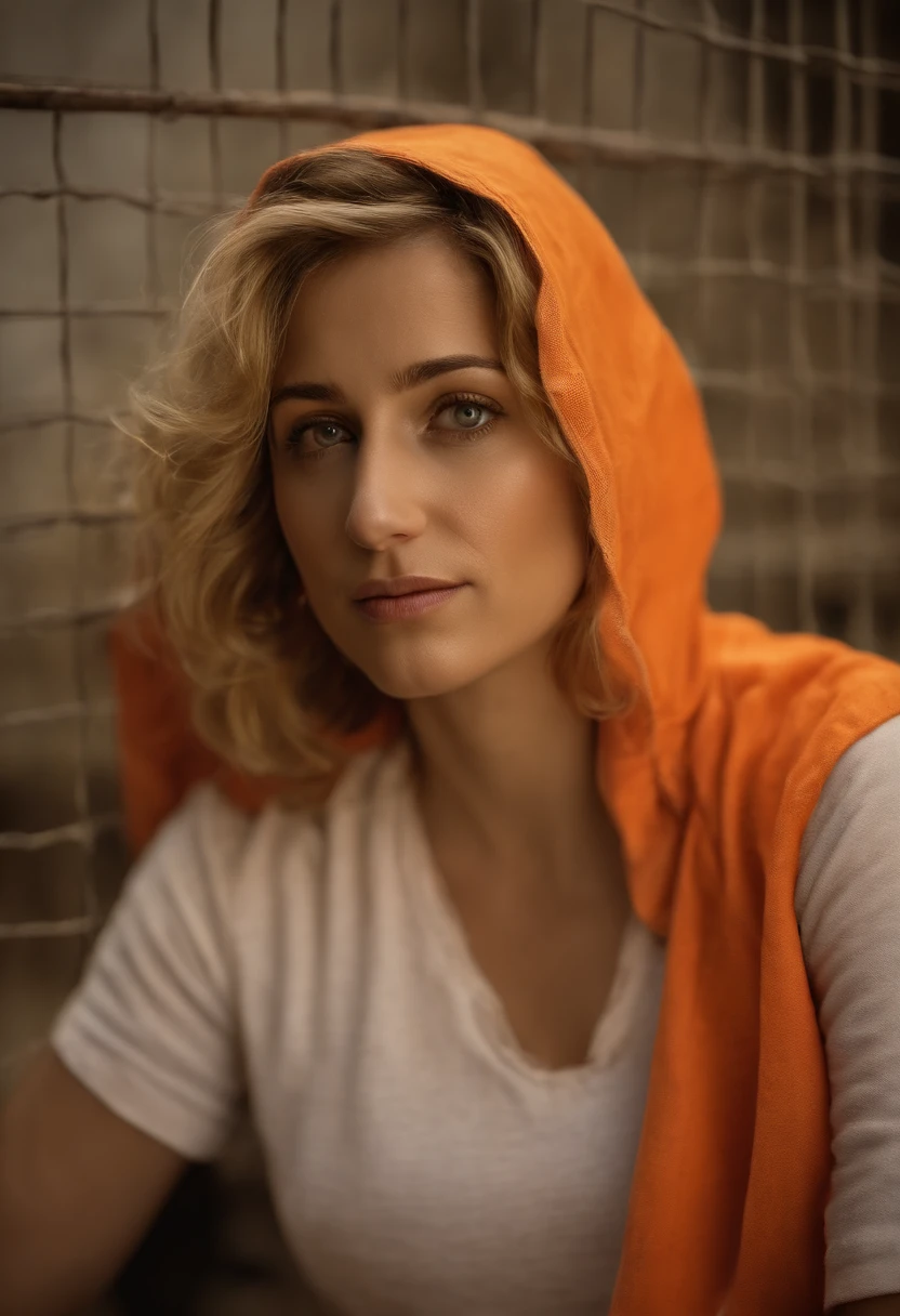 ((realismo)), extremely high quality RAW photograph, Antecedentes detalhados, intrincado, messy hair, Detalhes e texturas requintados, altamente detalhado, Foto de (Allison Mack) in a prison cell, (wearing orange prison clothes:1.3), Looking away from the camera, fotografia ultra detalhada, warm lighting, art-station, 4k, foco nítido, high resolution, pele detalhada, Olhos detalhados, 8k UHD, DSLR, harsh low lighting, alta qualidade, filmic grain, Fujifilm XT3, triste:1.3