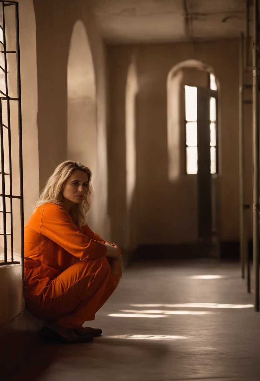 ((realismo)), extremely high quality RAW photograph, Antecedentes detalhados, intrincado, messy hair, Detalhes e texturas requintados, altamente detalhado, Foto de (Allison Mack) in a prison cell, (wearing orange prison clothes:1.3), Looking away from the camera, fotografia ultra detalhada, warm lighting, art-station, 4k, foco nítido, high resolution, pele detalhada, Olhos detalhados, 8k UHD, DSLR, harsh low lighting, alta qualidade, filmic grain, Fujifilm XT3, triste:1.3