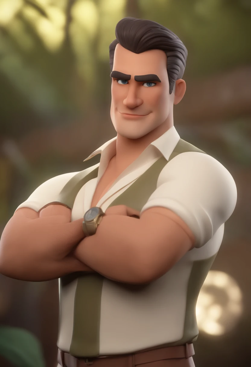 Personagem de desenho animado de um homem de olhos verdes, cabelo castanho claro raspado, boca fina e uma camiseta verde, um personagem animado, Caractere estilizado, animation style rendering, 3D estilizado, Arnold Maya render, 3 d render stylized, toon render keyshot, Personagem 3D, Personagem 3D, 3d rendering stylized, 3 d character render, personagem de desenho animado, Personagem de close up, Pose de personagem, (Estilo Pixar) (master part:1.2) (Bokeh) (best quality) (pele detalhada) (textura detalhada) (8k) (argila) (Cinematic lighting) (foco nítido,Senta e vaza a parte superior do corpo