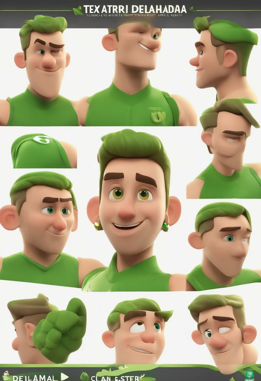Personagem de desenho animado de um homem de olhos verdes, cabelo castanho claro raspado, boca fina e uma camiseta verde, um personagem animado, Caractere estilizado, animation style rendering, 3D estilizado, Arnold Maya render, 3 d render stylized, toon render keyshot, Personagem 3D, Personagem 3D, 3d rendering stylized, 3 d character render, personagem de desenho animado, Personagem de close up, Pose de personagem, (Estilo Pixar) (master part:1.2) (Bokeh) (best quality) (pele detalhada) (textura detalhada) (8k) (argila) (Cinematic lighting) (foco nítido，Senta e vaza a parte superior do corpo