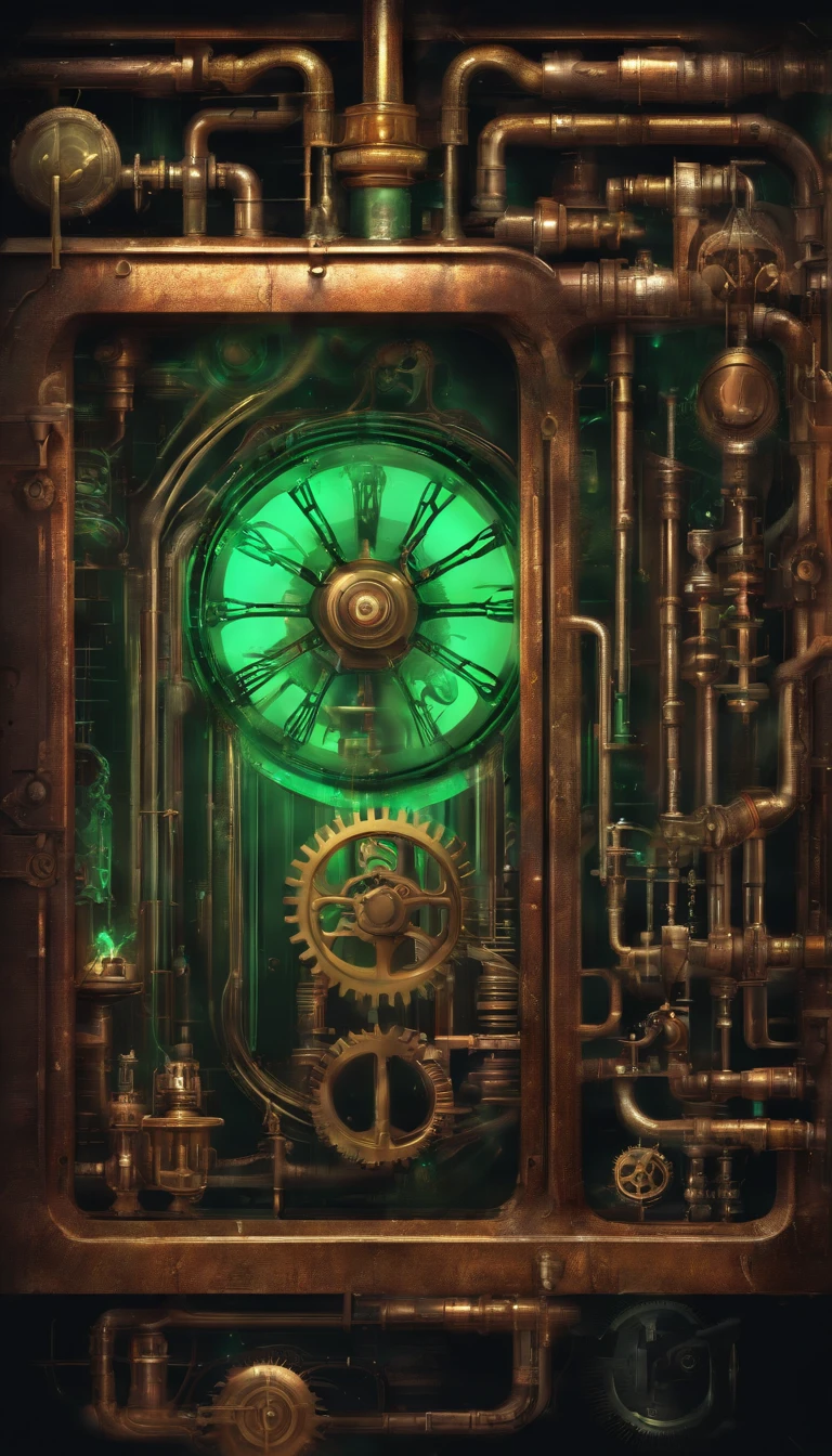 Mobile wallpaper in steampunk style with a door full of copper and brass gears, muitos tubos cobre polido, vapor, Tubes with bright light green liquids, Pressure gauge, 3D, realista, 4k