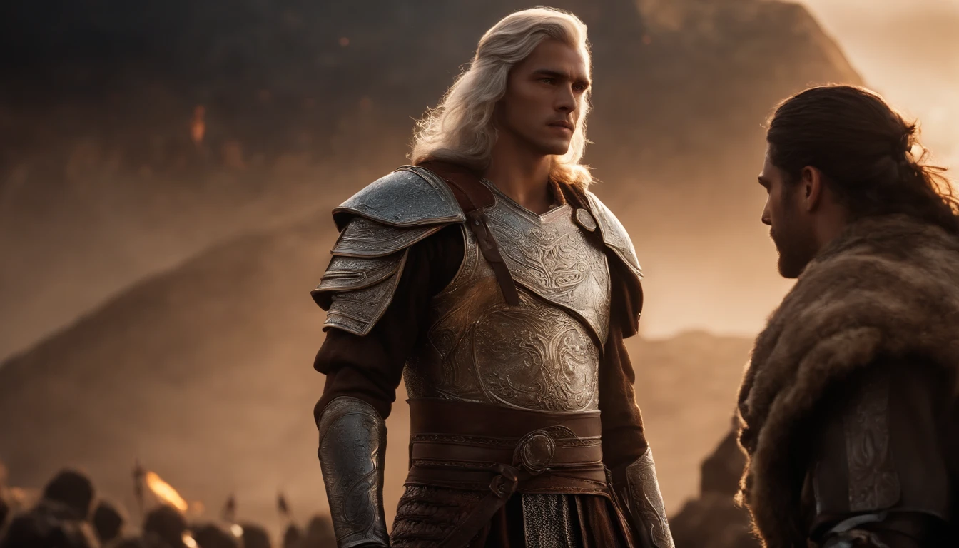 A handsome young male character with medium silver hair looking at the kingdom, ele tem uma espada, He stands next to a young warrior with blond hair, Behind them is also a strong adult warrior with brown hair, Dark setting, ultra-realistic, Estilo de desenho Guweiz, Landscape, 8k, inverno, Dramatic Particles, melhor qualidade,4k,8k,alto,master part:1.2,ultra-detalhado,Realistic:1.37, fiery particles.