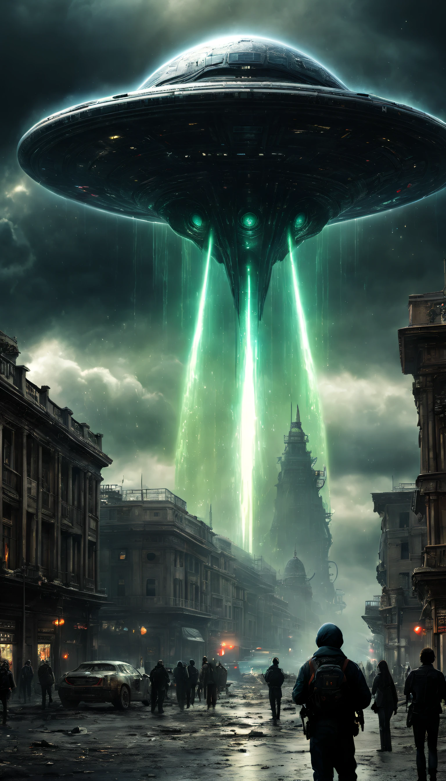 Huge alien creatures float in the sky，Alien invasion，Huge volume，Awesome presence，Towering monsters，Intricate details of the alien's appearance，They are huge proportions，Terrifyingly complex alien skin textures，Fascinating alien eyes，An otherworldly glowing pattern，A strange glowing effect emitted by a creature，Surreal alien landscapes，Alien spaceships soar through the sky，The devastation caused by the arrival of aliens，Crumbling building，Frightened people run in panic，Extraterrestrial technology on display，Advanced energy weapons，Intergalactic portals open，Ominous atmosphere，Dark clouds swirling in the sky，A flickering light from an extraterrestrial energy source，Bright colors that contrast with the destruction，An encounter on an epic scale，There is a sense of surprise and fear，It is a major event in the history of mankind。（best qualtiy，4k，8k，Tall structures，tmasterpiece：1.2），ultra - detailed，realisticlying，Foto realism：1.37，HDR，hyper HD，studio lit，Ultra-fine painting，foco nítido，physically-based renderingt，extreme detail description，professinal，Vivid colors，Defocus，sci-fy，terror，scenecy