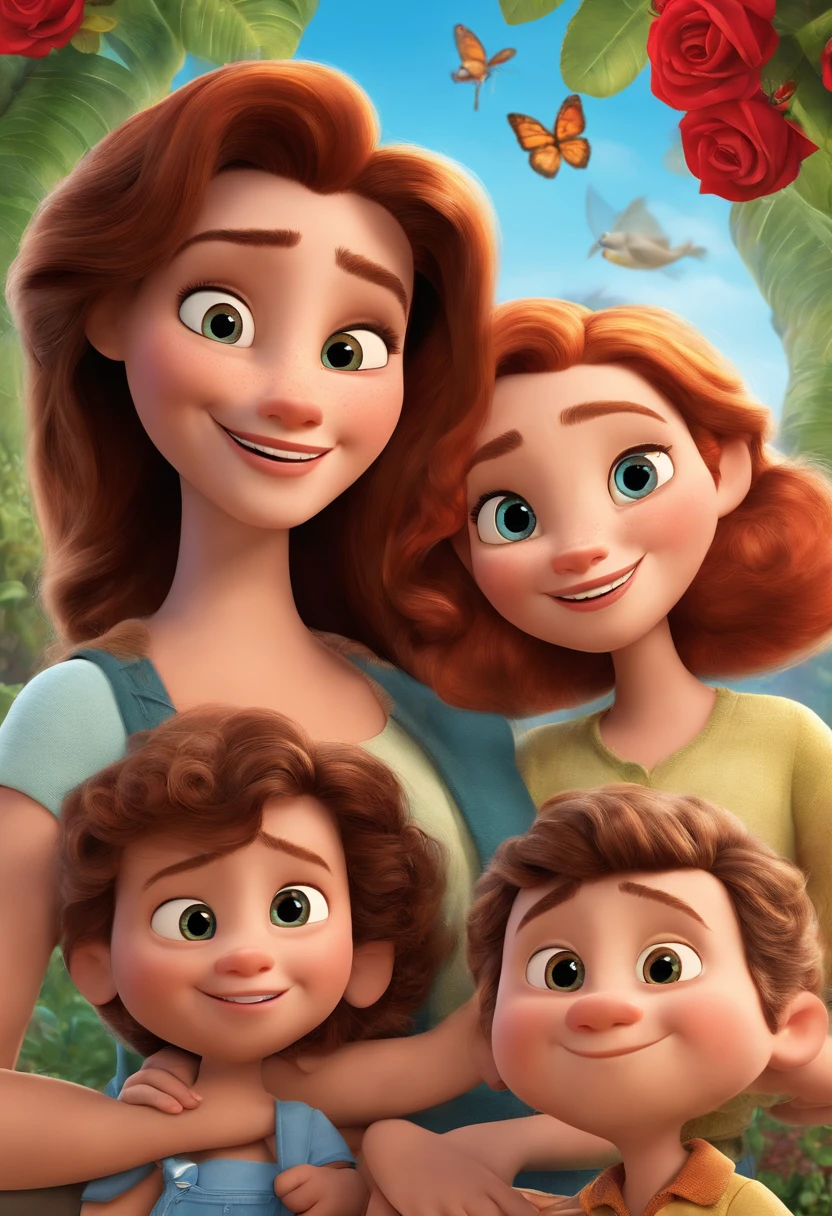a Disney Pixar movie poster showing a white-skinned family. The father is the tallest, Tem barba curta, loiro, cabelos curtos e espinhosos. The mother has brown eyes and hair, shoulder-length and is slightly overweight. A tem 4 anos e cabelos castanhos, roupa rosa e rabos de cavalo. The background is a beach garden. 3D-rendering