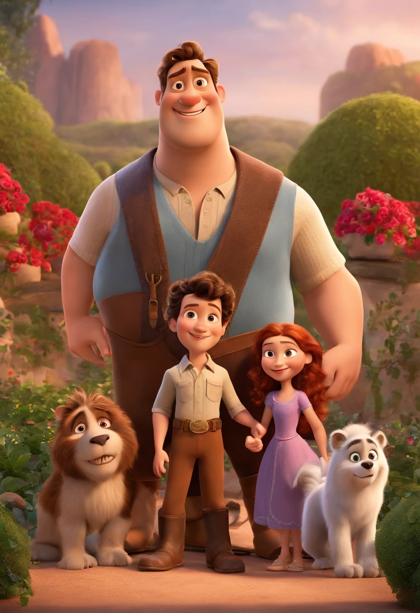 a Disney Pixar movie poster showing a white-skinned family. The father is the tallest, Tem barba curta, loiro, cabelos curtos e espinhosos. The mother has brown eyes and hair, shoulder-length and is slightly overweight. A menina tem 4 anos e cabelos castanhos, roupa rosa e rabos de cavalo. The background is a beach garden. 3D-rendering