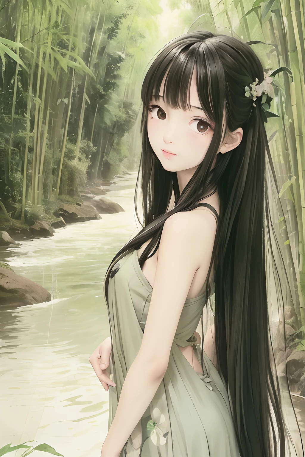 masterpiece, best quality, official art, 8k wallpaper, highly detailed, illustration, 1 girl, black hair, long hair, detailed eyes, bamboo forrest, bare shoulders, lakes, pure, soft smile,