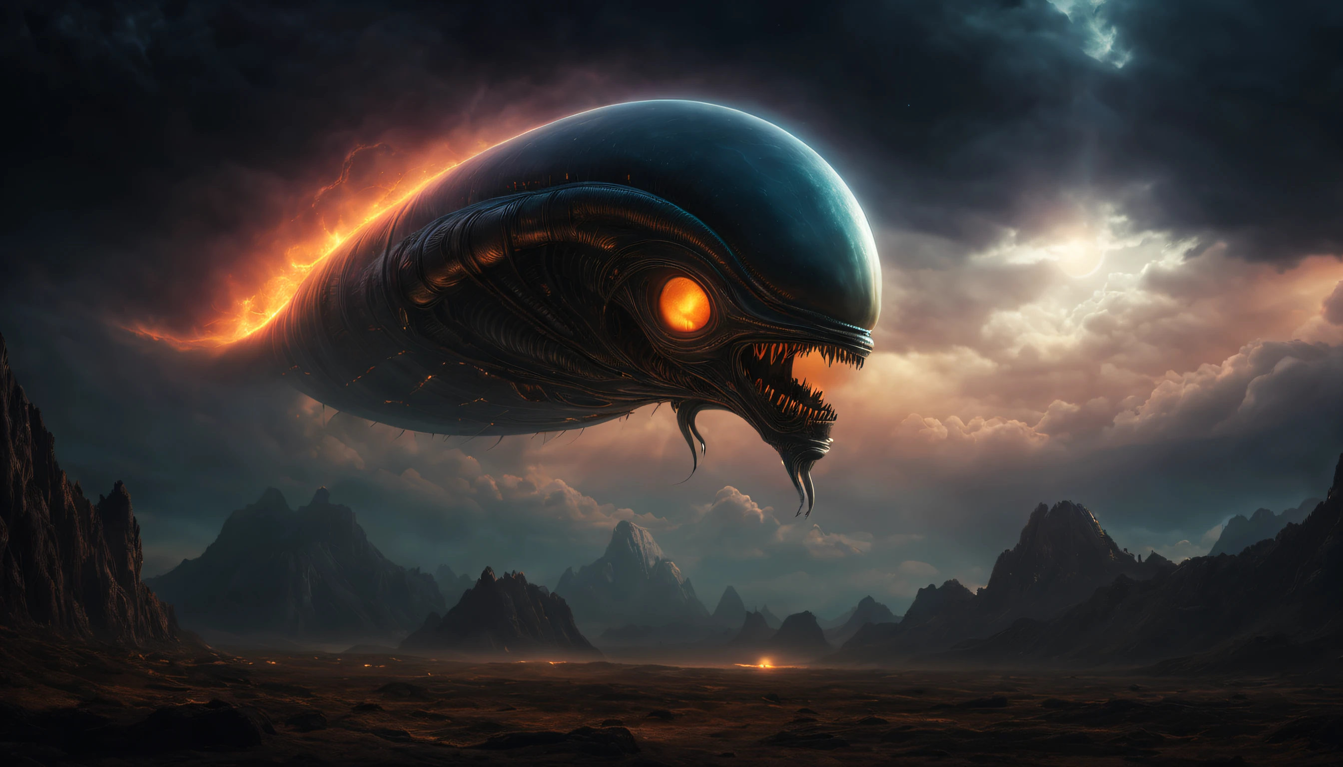 Huge alien creatures float in the sky，Huge volume，Awesome presence，Towering monsters，Intricate details of the alien's appearance，They are huge proportions，Terrifyingly complex alien skin textures，Fascinating alien eyes，An otherworldly glowing pattern，A strange glowing effect emitted by a creature，Surreal alien landscapes，Ominous atmosphere，Dark clouds swirling in the sky，A flickering light from an extraterrestrial energy source。（best qualtiy，4k，8k，tmasterpiece：1.2），ultra - detailed，realisticlying，Foto realism：1.37，HDR，hyper HD，studio lit，Ultra-fine painting，foco nítido，physically-based renderingt，extreme detail description，professinal，Vivid colors，Defocus，sci-fy，terror，scenecy