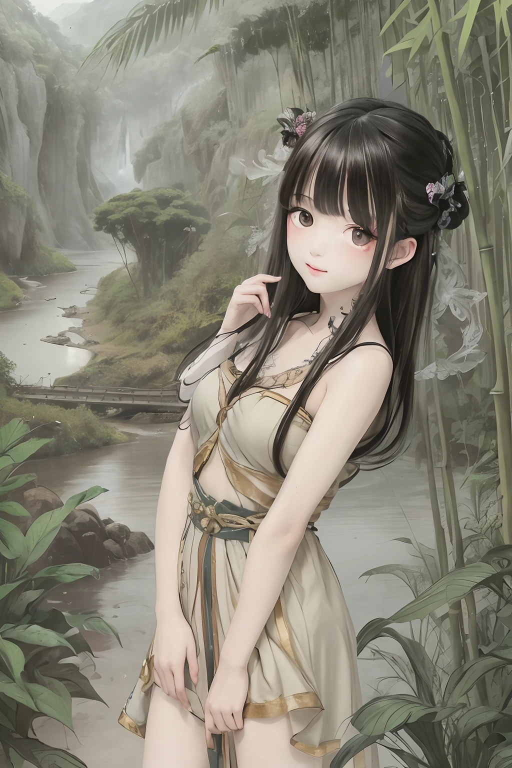 Masterpiece, Best quality, offcial art, 8K wallpaper, Highly detailed, illustration, 1 girl, Black hair, Long hair, Detailed eyes, bamboo forrest, Bare shoulders, lakes, Pure, Soft smile