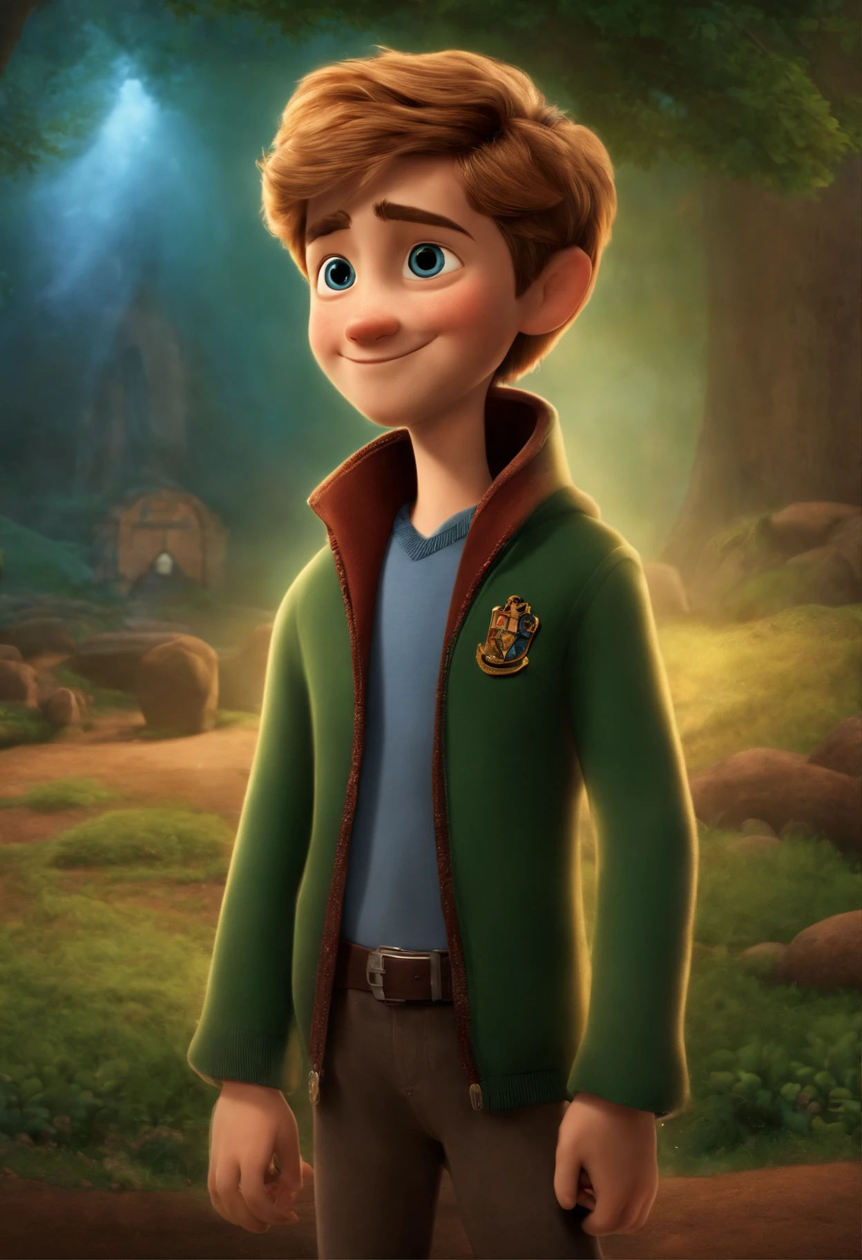 Imagem de um de 10 anos em um poster de filme estilo Pixar. He's the class leader, He's outgoing, Playful and gets up for a lot of things, blond hair and blue eyes without glasses. No fundo uma paisagem do universo de Harry Potter. Na imagem esta olhando para frente e sorrindo.