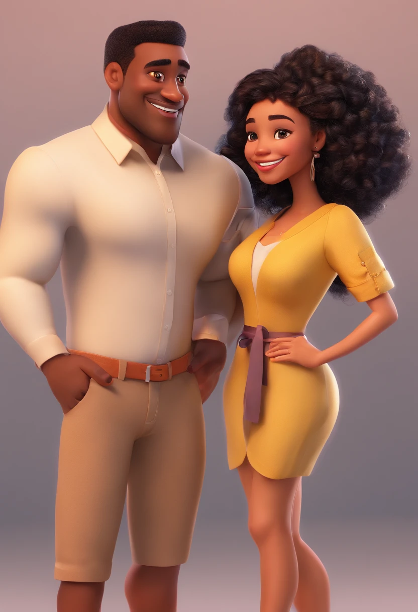 An illustration of an adorable couple, Highlight for a chubby mulatto man with smiling glasses and a brunette woman with beautiful expressive eyes - the man's skin is mulatto and the man's hair has, while the woman's skin is black and the woman's hair is straight and brown. They are a bright room, cada um com um sorriso no rosto, e compartilhar um momento especial caracterizado pelo amor, Insights. Illustrate this scene from a perspective where they are facing the camera, Smiling and Showing Your Connection. Desenvolva esta arte em Full HD, Focus on your cinematic touch, Estilo Disney Pixar Animations