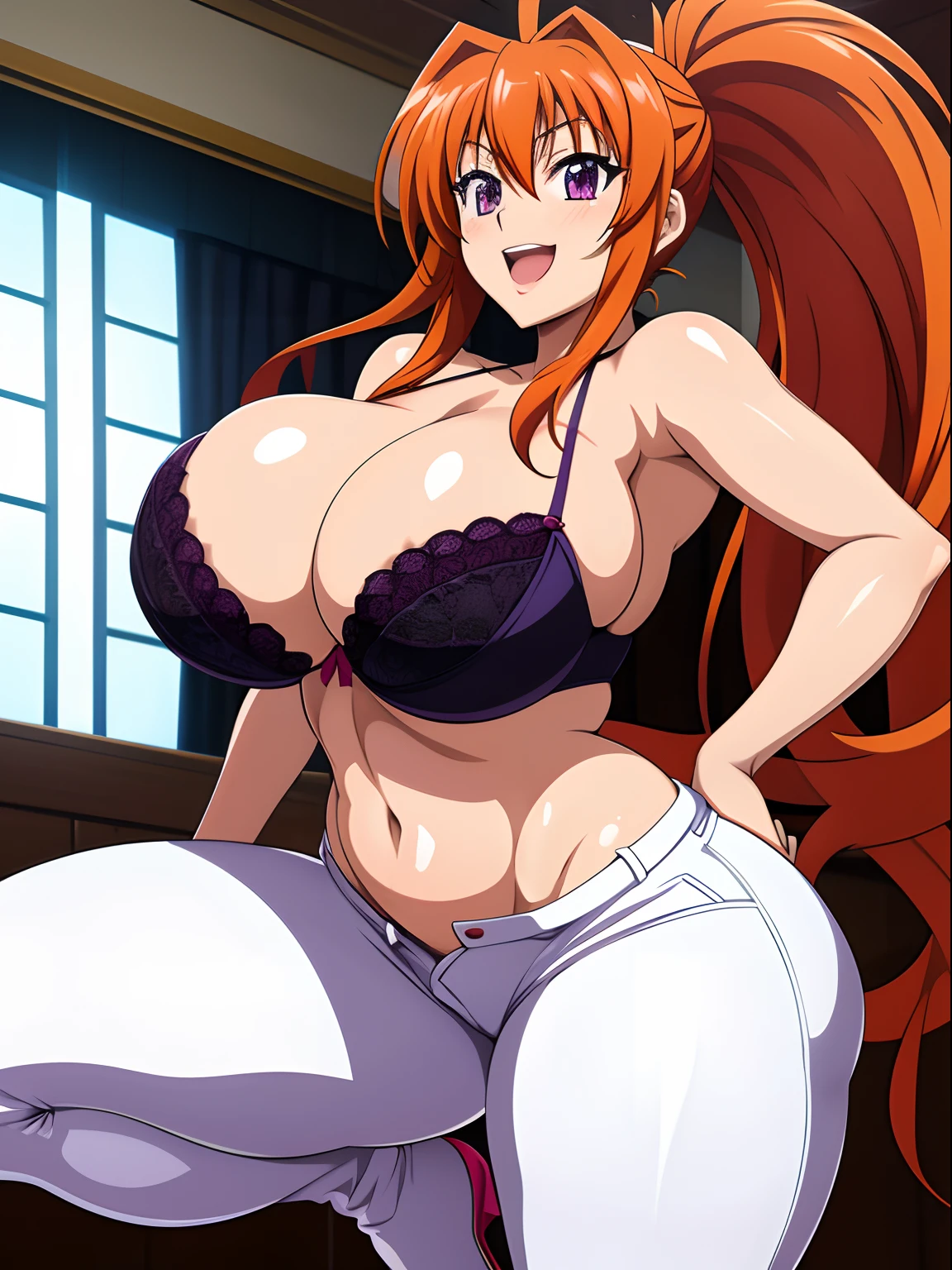 Highschool Dxd, Irina Shidou, 1 girl, ((bimbo))), long orange hair, purple eyes, thick lips, erotic smile face, open mouth, wide hips, thick thighs, thick, huge breast, huge round ass, oily shiny skin, white jeans, black bra, legs posing,