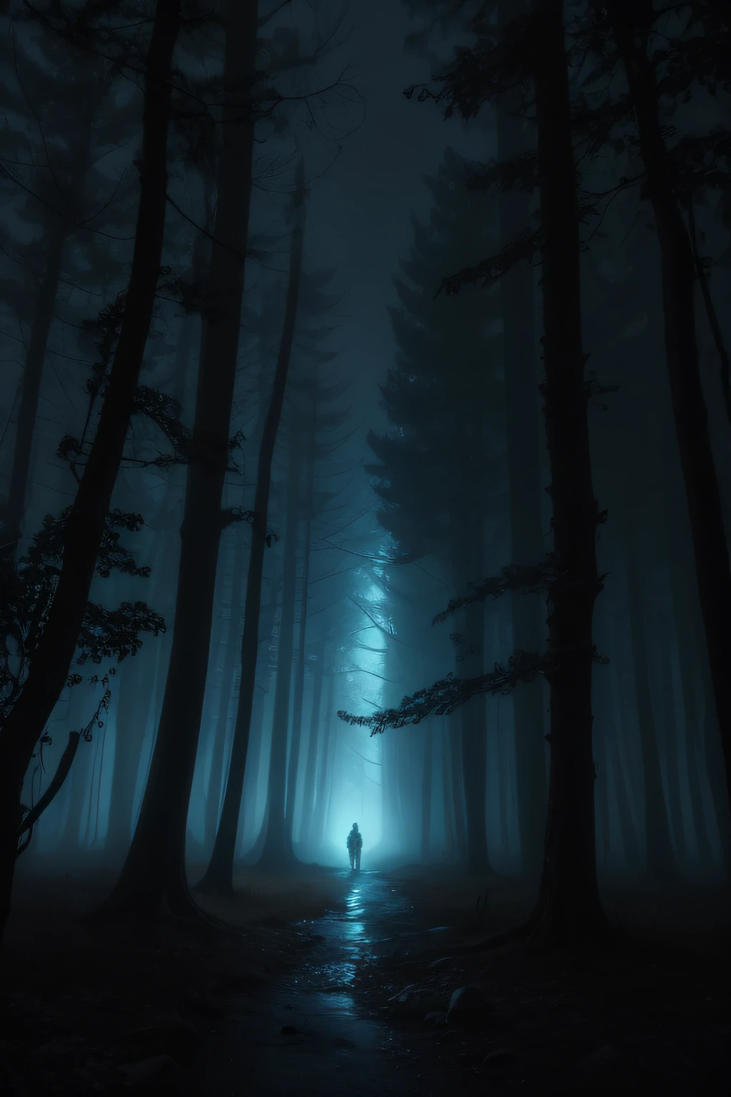 Description: A photorealistic masterpiece unravels an enigmatic and slender figure, concealed like a shadow amidst a moonlit forest. The image portrays a diminutive and mysterious being, human-sized, cloaked in secrecy, beckoning viewers into a realm of chilling curiosity.

Scene Details: Embraced by the glow of moonlight, the forest is draped in an eerie mist, shrouding the surroundings in an enigmatic ambiance. Ancient trees stand sentinel, casting elongated shadows across the forest floor.

The creature now appears thin and small, akin to a human in size, barely discernible amid the density of the forest. Its presence is obscured, adding to the mystique of its existence.

Artistic Style: Embrace photorealism to capture the essence of a moment veiled in mystery.

Lighting: Dim moonlight casts spectral rays, partially illuminating the forest and leaving the creature's form as a haunting silhouette.

Atmosphere: The image evokes a sense of captivating wonder and eerie fascination, drawing viewers into the depths of an enigmatic enigma.

Technique: Employ intricate rendering to create a haunting tapestry of shadows and spectral illumination.

Impact: The artwork leaves a lasting impression of curious trepidation, as if observers have chanced upon an enigmatic entity, concealed within the moonlit enigma of the forest's heart.