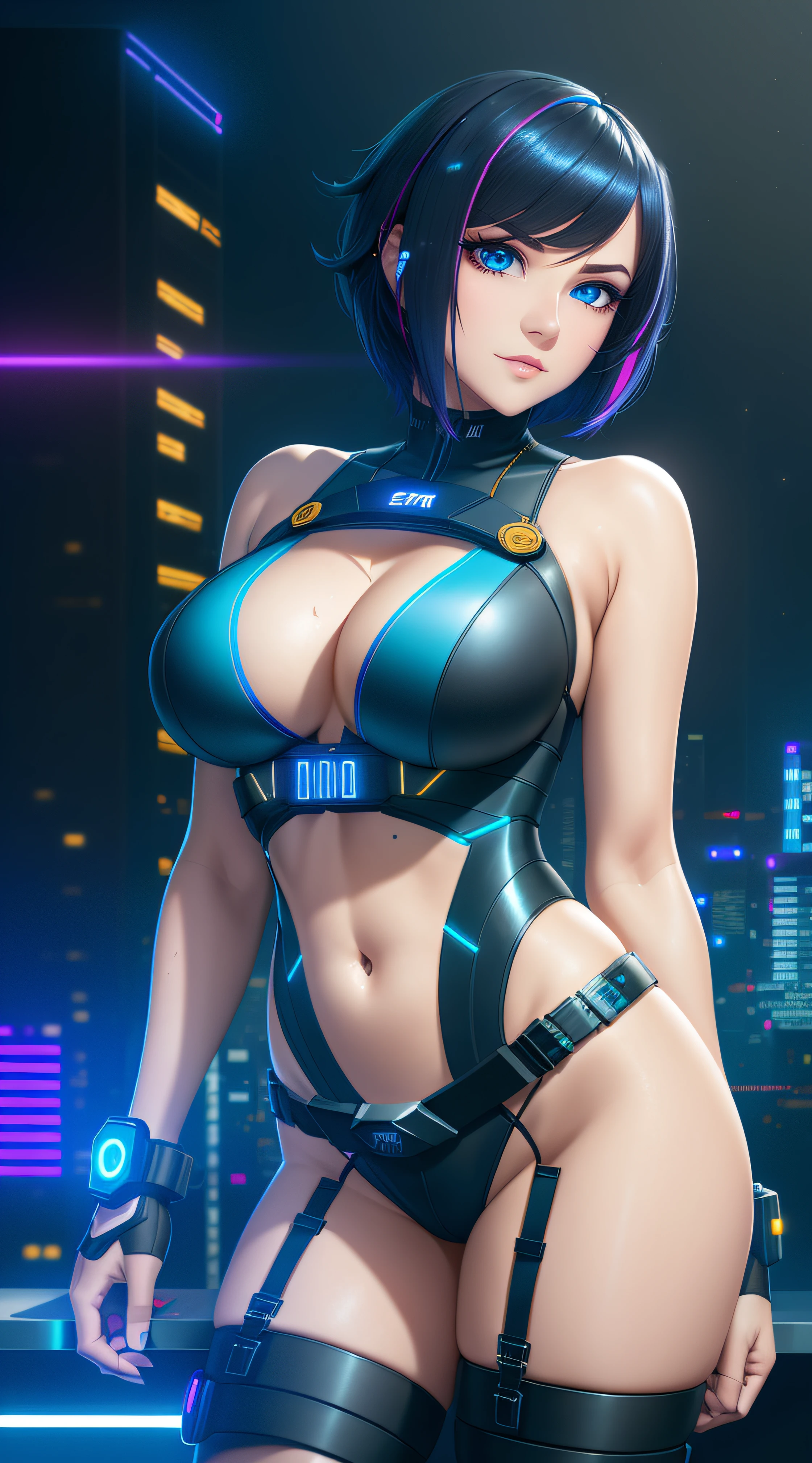 25-Year-Old Woman standing, Full Body, Adult, Dark Blue Water-Colored Eyes, Neon Lighting, Black Bob Short Hair, cyberpunk femme fatale, seductive cyberpunk dark fantasy, cyberpunk strip clubs, oppai cyberpunk, Serious Face, Realistic Face Resolution, Realistic, Object Resolution, (dark city night black background:1.4), deep cleavage, banner, high definition cgsociety, cgsociety masterpiece, trending on cgstation, kda