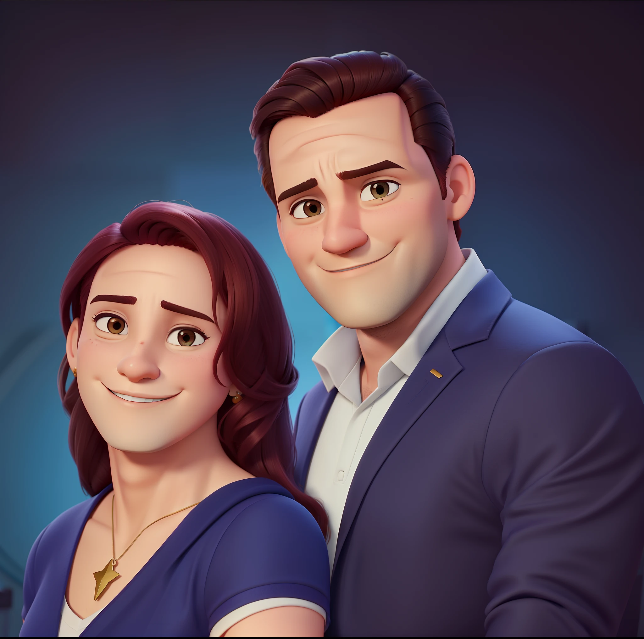 Casal (homem moreno e mulher branca) no estilo Disney Pixar, alta qualidade, melhor qualidade.