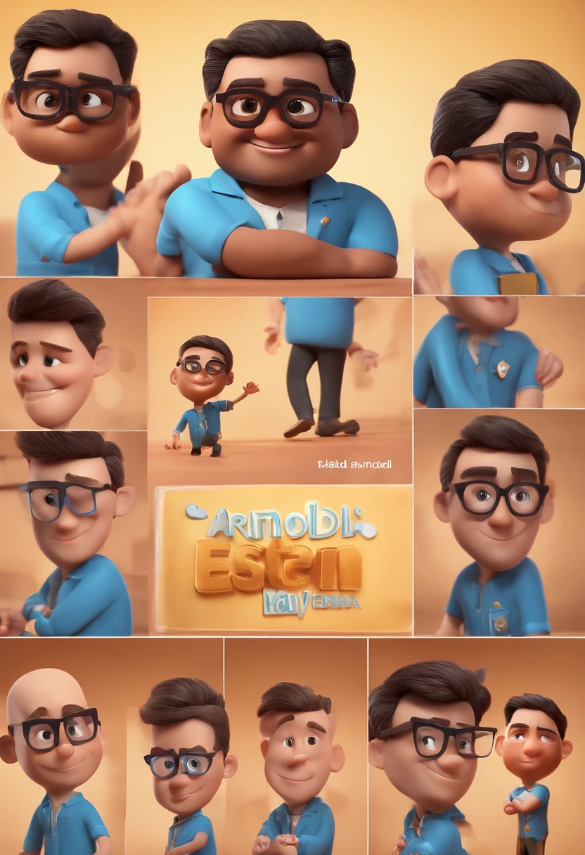 Cartoon character of a man with black glasses and a blue shirt, animation character, Caractere estilizado, animation style rendering, 3D estilizado, Arnold Maya render, 3 d render stylized, toon render keyshot, Personagem 3D, Personagem 3D, 3d rendering stylized, 3 d character render, personagem de desenho animado, Personagem de close up, Pose de personagem, (Estilo Pixar) (master part:1.2) (Bokeh) (best quality) (pele detalhada) (textura detalhada) (8k) (argila) (Cinematic lighting) (foco nítido