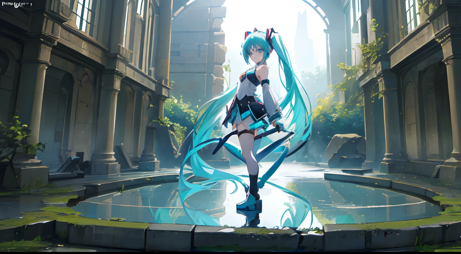 miku hatsune, (Rin々Profile:1.3), Sorcerer Adventurer, Small chest, Contre-Jour, ancient ruin, specular reflection, (masterpiece), (Best Quality, 8K, High resolution), Ultra-detailed, (Realistic), Vibrant colors.