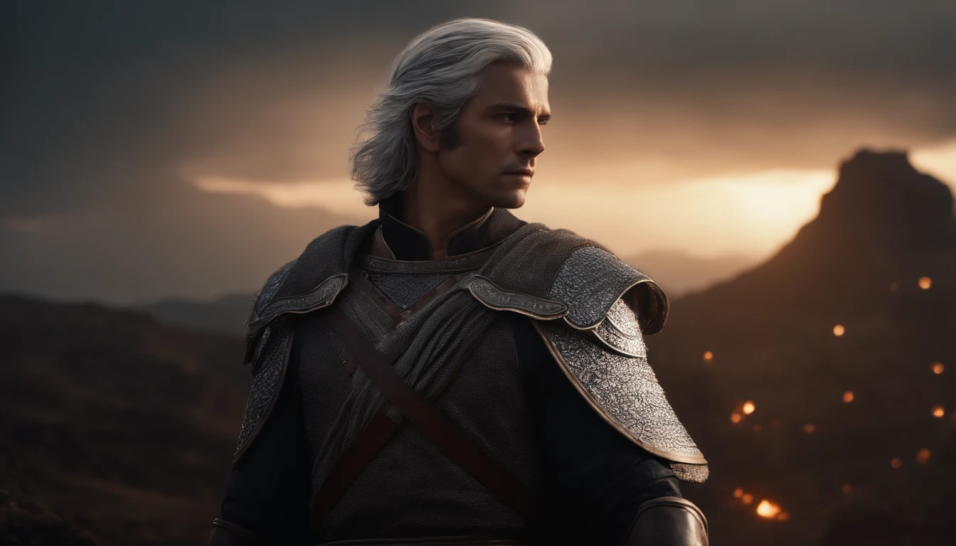A handsome young male character with medium silver hair looking at the kingdom, ele tem uma espada, Behind him is also a strong adult warrior with brown hair, Dark setting, ultra-realistic, Estilo de desenho Guweiz, Landscape, 8k, inverno, Dramatic Particles, melhor qualidade,4k,8k,alto,master part:1.2,ultra-detalhado,Realistic:1.37, fiery particles.