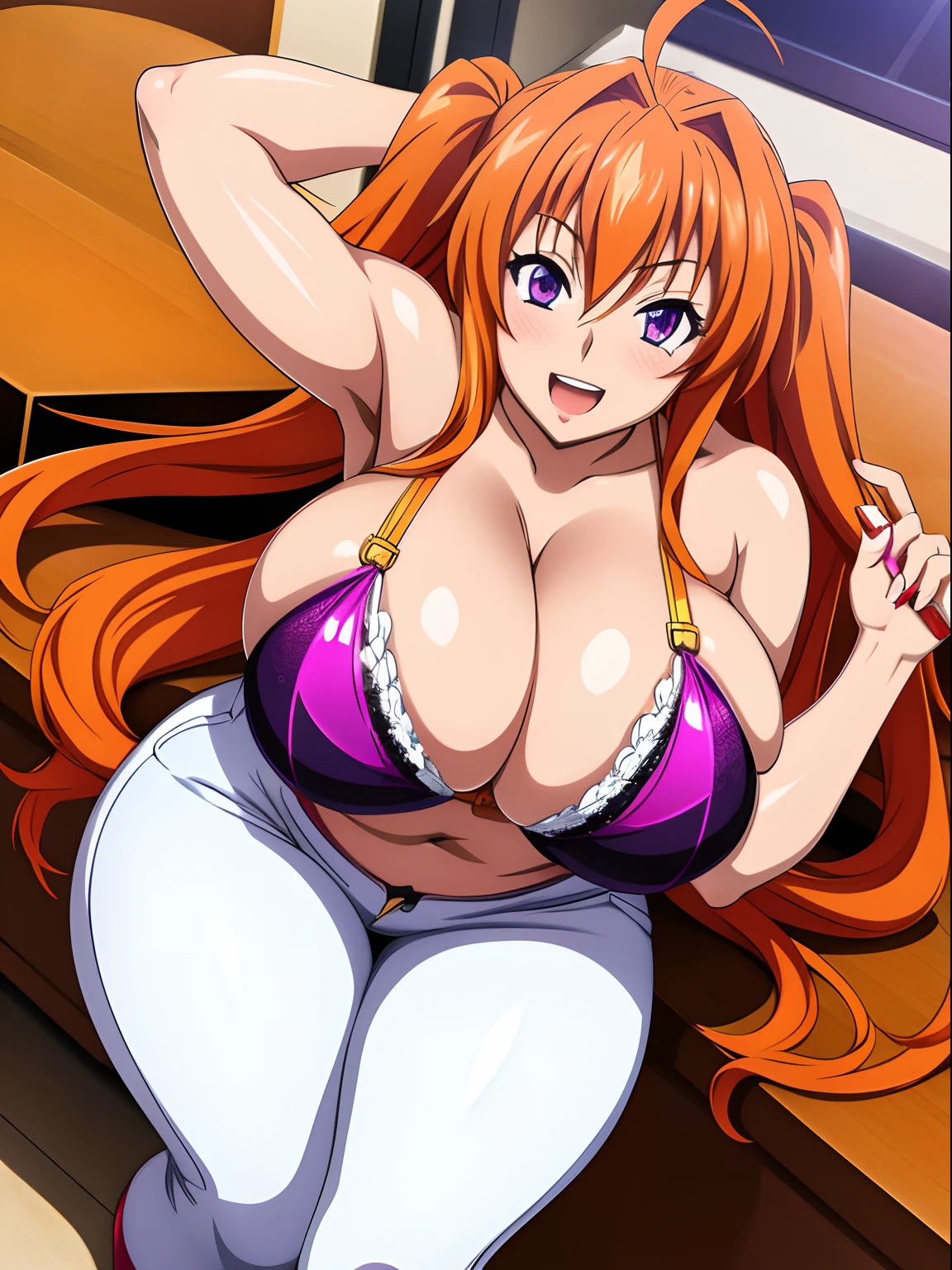 Highschool Dxd, Irina Shidou, 1 girl, ((bimbo))), long orange hair, purple eyes, thick lips, erotic smile face, open mouth, wide hips, thick thighs, thick, huge breast, huge round ass, oily shiny skin, white jeans, black bra, legs posing,