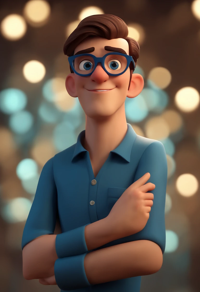 Cartoon character of a man wearing black glasses and a blue shirt, um personagem animado, Caractere estilizado, animation style rendering, 3D estilizado, Arnold Maya render, 3 d render stylized, toon render keyshot, Personagem 3D, Personagem 3D, 3d rendering stylized, 3 d character render, personagem de desenho animado, Personagem de close up, Pose de personagem, (Estilo Pixar) (master part:1.2) (Bokeh) (best quality) (pele detalhada) (textura detalhada) (8k) (argila) (Cinematic lighting) (foco nítido,Senta e vaza a parte superior do corpo