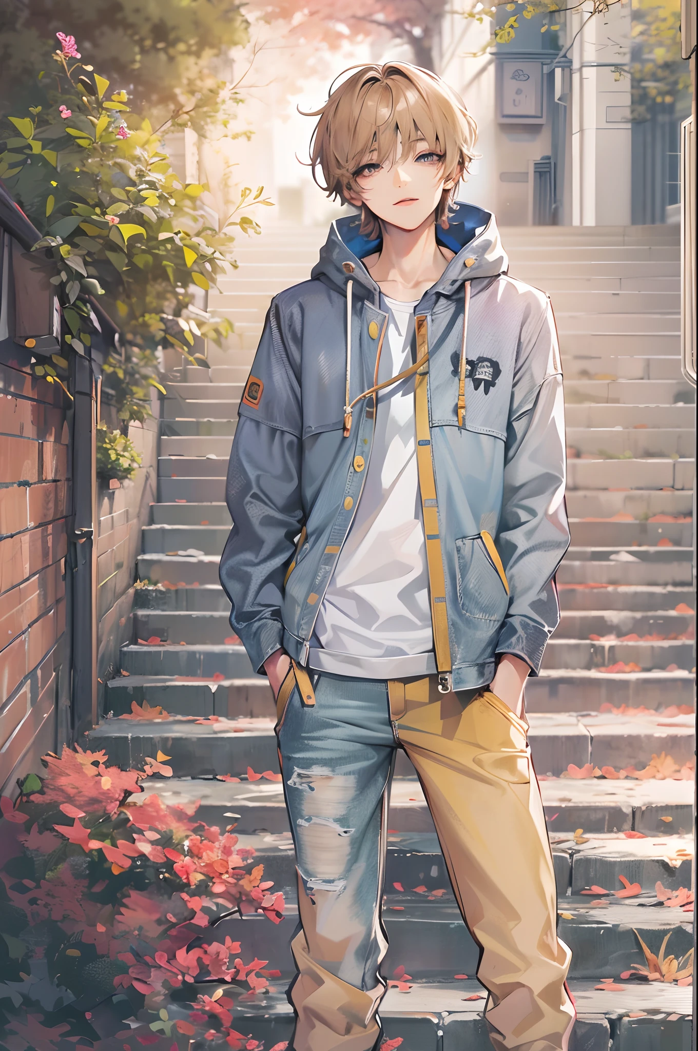Absurdres masterpiece HDR high quality picture of a character from a famous Korean webtoon, 1 boy , character is with detailed face, casual colour of hair based on the anime, happy face, casual clothes , ((casual hair style:1 )) , anime eyes, light skin , 

Wearing casual outfit from anime, detailed outfit, nice background, masterpiece scenery