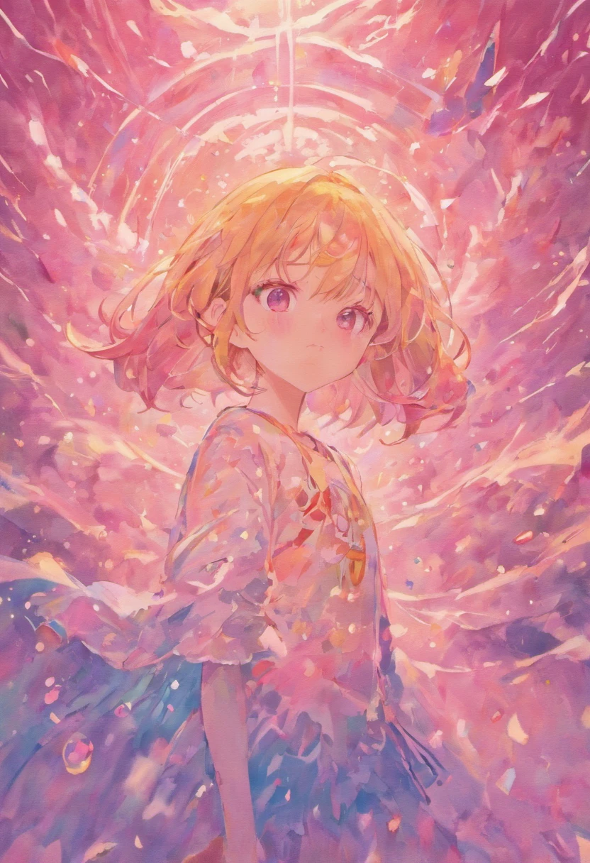 (masutepiece),(Best Quality:1.1),(Ultra-detailed),Best Illustration,finely detail,(Portrait:1.1),(intense close-ups),watercolor paiting)floating,1girl in,Solo,13 years old,slim,(extremely delicate and beautiful face),(Detailed beautiful eyes),pink thick lips,(disheveled hair),(Wearing a pink baggy T-shirt),Soft and lazy,(Simple background:1.2)Whole color background,Clear,4K