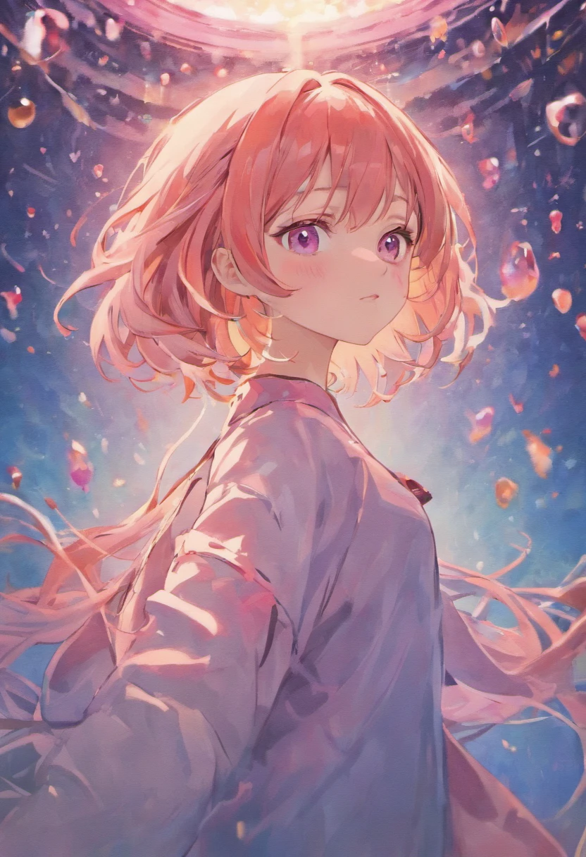 (masutepiece),(Best Quality:1.1),(Ultra-detailed),Best Illustration,finely detail,(Portrait:1.1),(intense close-ups),watercolor paiting)floating,1girl in,Solo,13 years old,slim,(extremely delicate and beautiful face),(Detailed beautiful eyes),pink thick lips,(disheveled hair),(Wearing a pink baggy T-shirt),Soft and lazy,(Simple background:1.2)Whole color background,Clear,4K