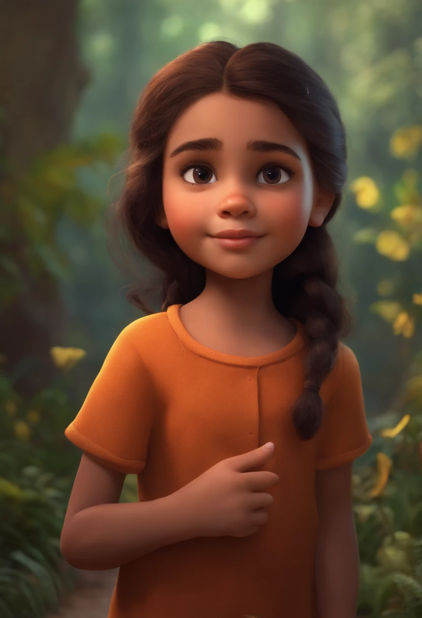 Image of a girl for a story in a YouTube video in Pixar format, she is the little one, Tiene cabello largo y negro, ojos negros, piel clara y sostiene un gato Claris con ojos azules.