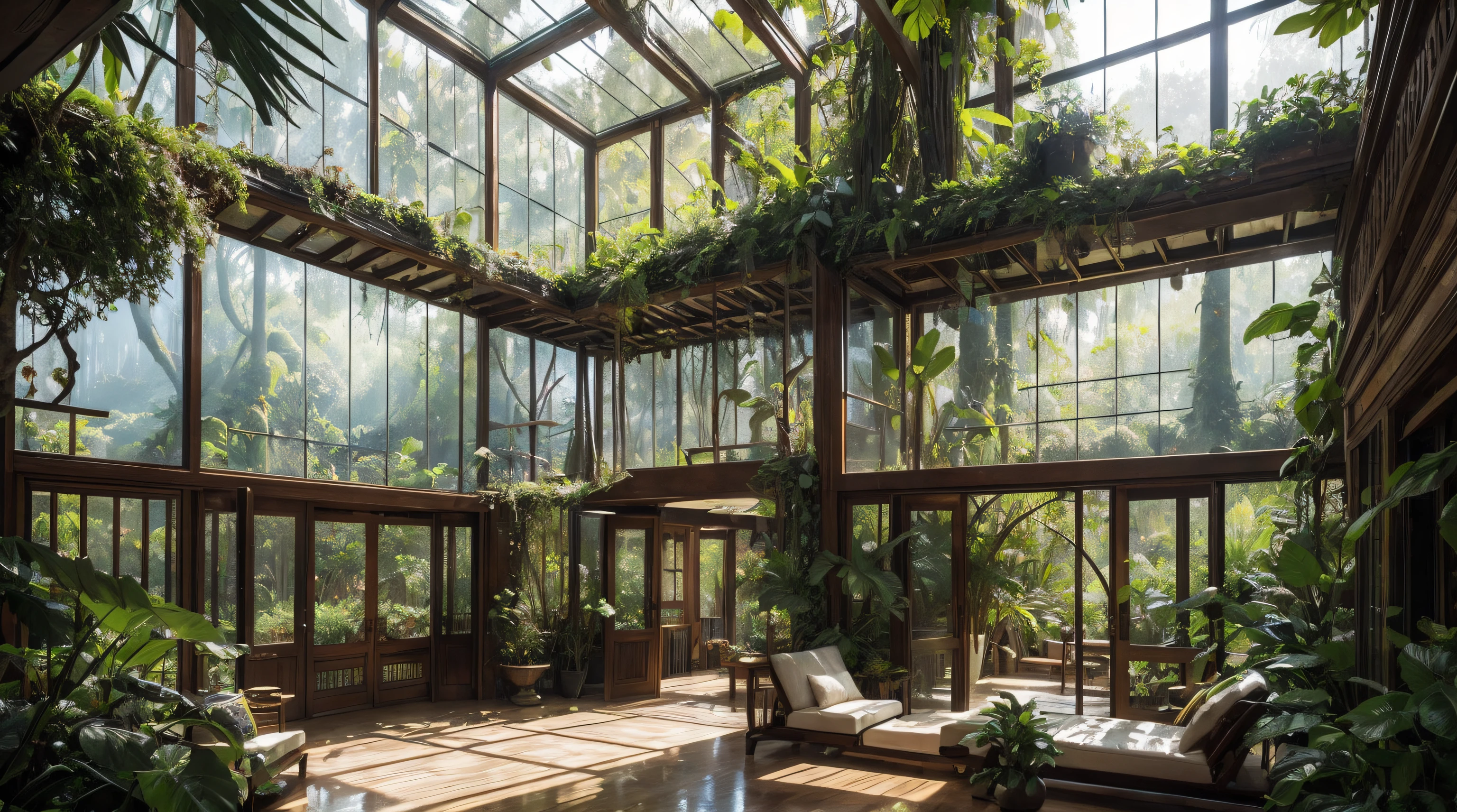 Rainforests inside a glass house,lush trees,vines twing around the shelves,greg rutkowski and james gurney and Thomas kinkade