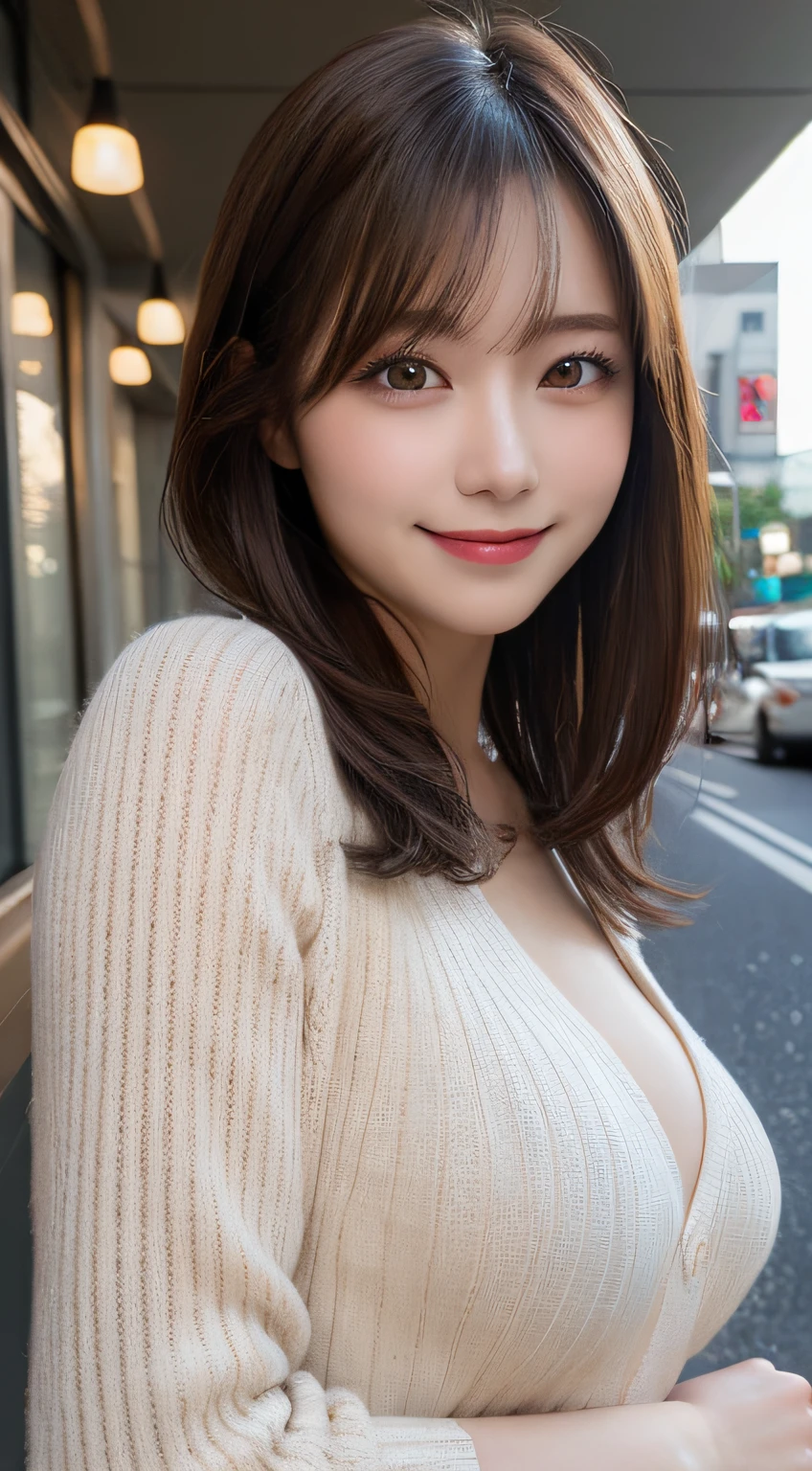 masutepiece, Best Quality, Illustration, Ultra-detailed, finely detail, hight resolution, 8K Wallpaper, Perfect dynamic composition, Beautiful detailed eyes, doress,Medium Hair, Big breasts, Natural Color Lip, Random and sexy poses,Smile,Aoyama Street Walk、20 years girl