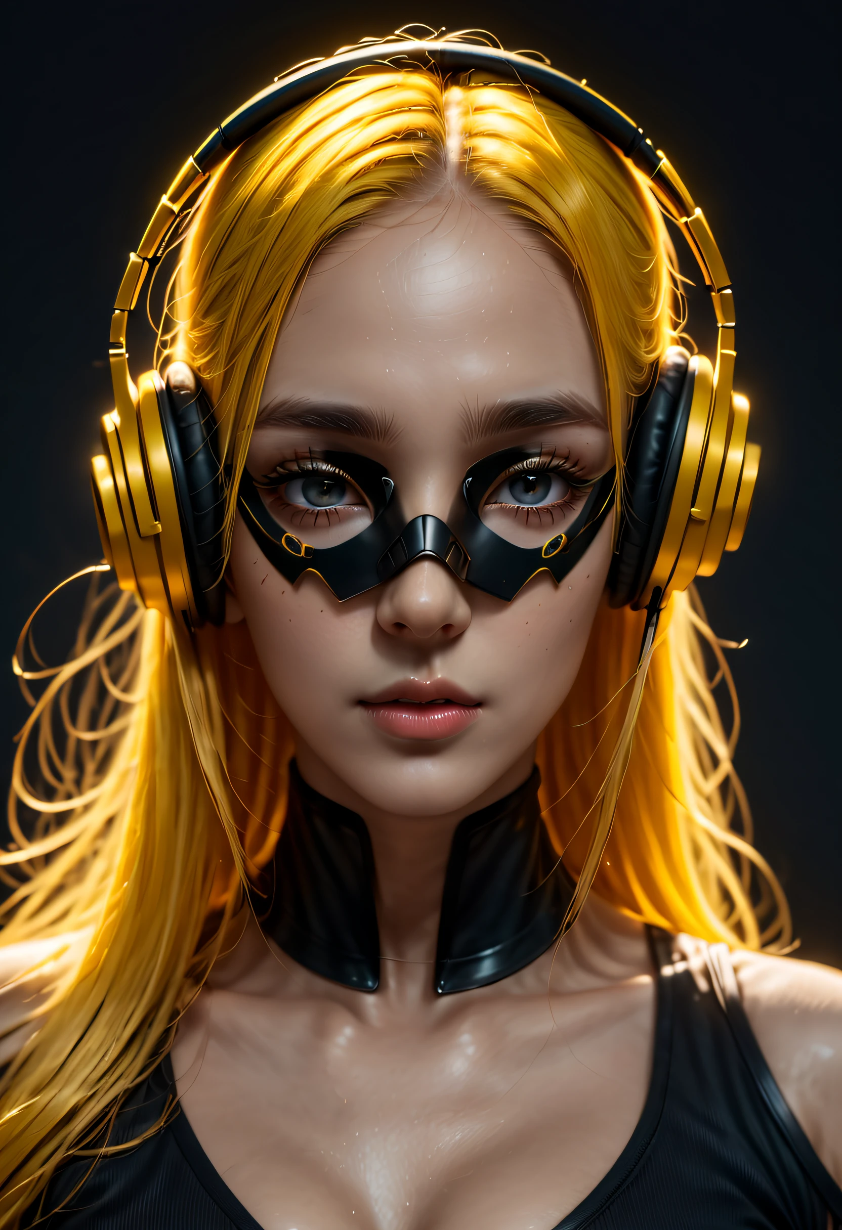 girl with long yellow hair, yellow eyes, futuristic vibes, mask on mouth, headphones, 8k, high quality, simple background, glowing eyes, nice pose