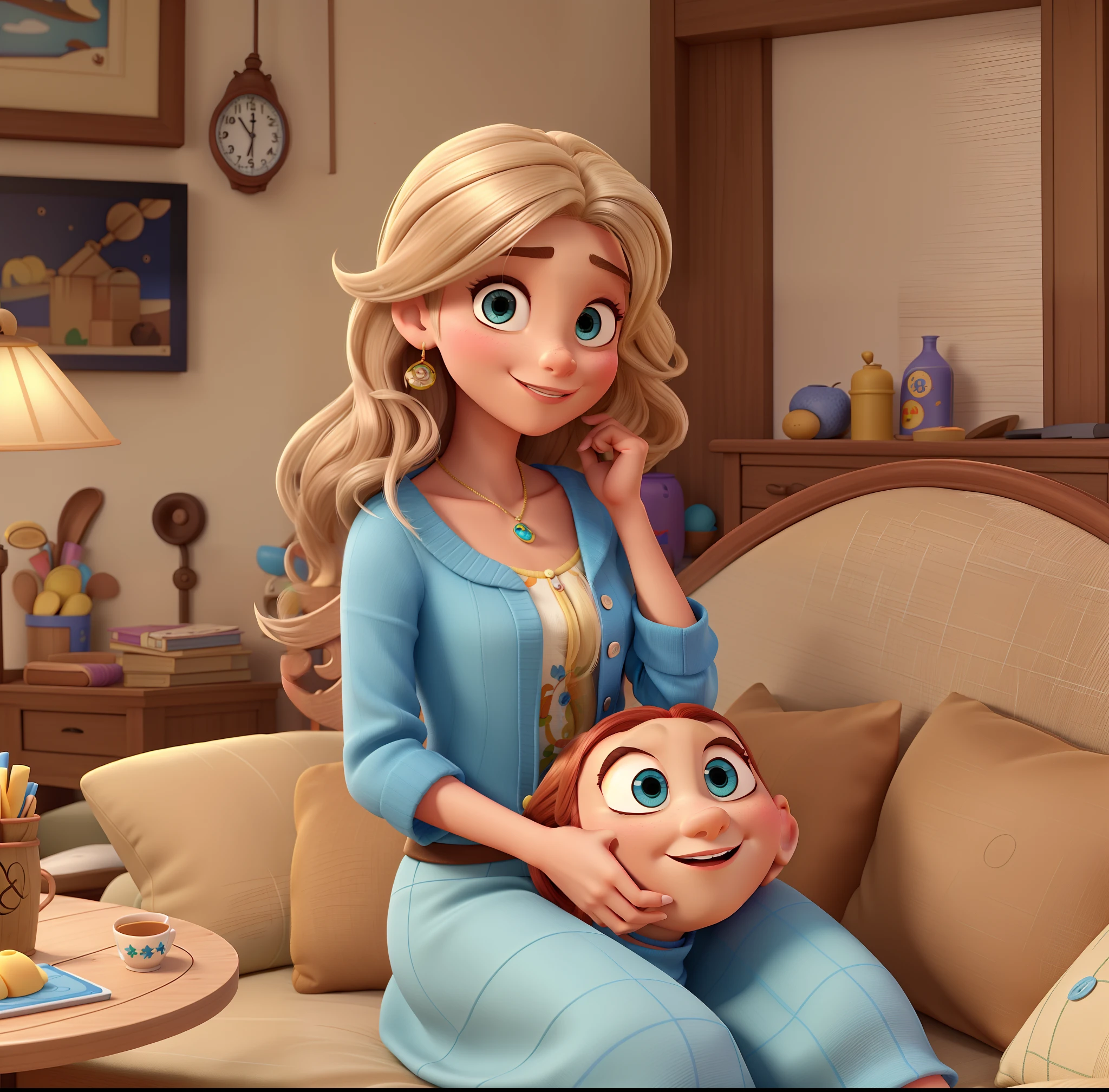 Mulher, estilo disney pixar, 35 anos, cabelos longos, olhos e cabelos castanhos, alta qualidade