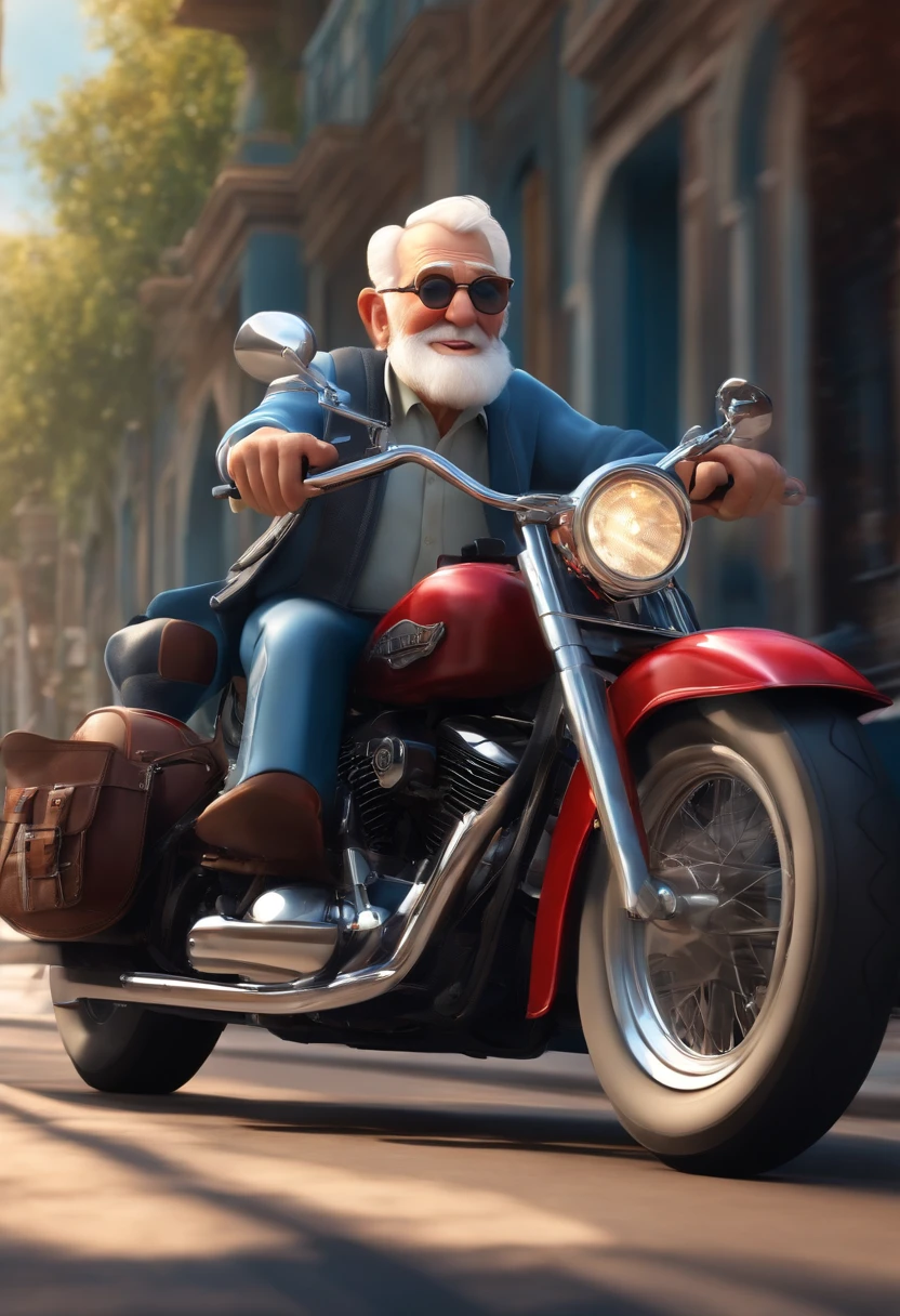 a 3D Disney Pixar style poster of an elderly man with blue eyes, pilotando uma Harley Davison 883 em um passeio de motocicleta