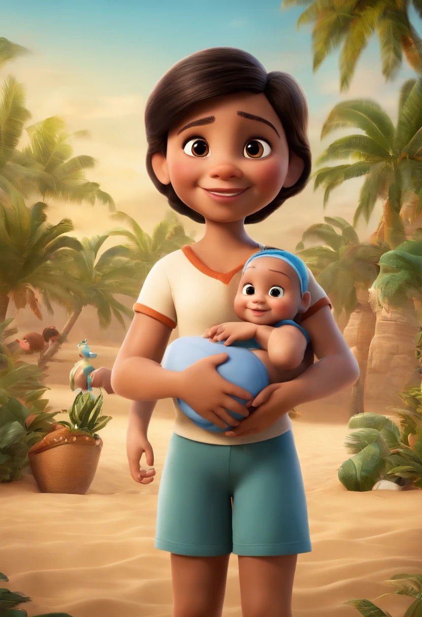 a Disney Pixar movie poster showing a Latino American family . The father is the tallest, Tem barba curta, moreno cabelos curtos lisos. The mother has black eyes and black hair , longos e lisos . O menino tem 4 anos e cabelos castanhos claros ,O adolescente tem cabelos pretos curtos . O adolescente tem cabelos castanhos claros e olhos cor de mel, The girl has light eyes and white skin The background is a beach garden. 3D-rendering