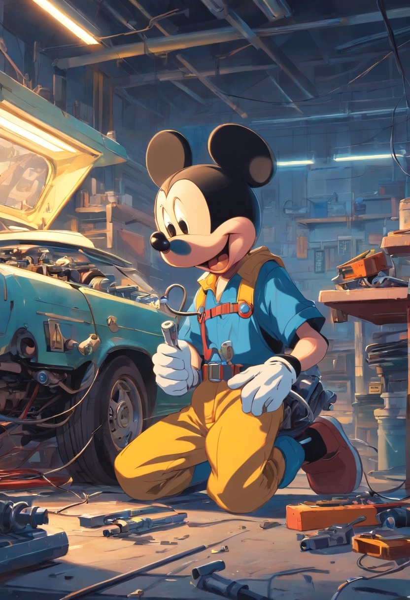 Mickey Mouse masterpiece as a mechanic who repairs cars, Corpo Perfeito, perfect head, Hard disk