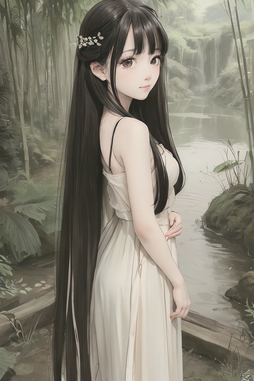 Masterpiece, Best quality, offcial art, 8K wallpaper, Highly detailed, illustration, 1 girl, Black hair, Long hair, Detailed eyes, bamboo forrest, Bare shoulders, lakes, Pure, Soft smile