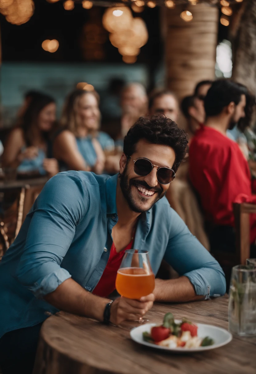 Smiling man in sunglasses and blue shirt in outdoor restaurant, uma foto de Samuel Silva, Reddit, acontecimento, In Sao Paulo, caio santos, icaro carvalho, jewish young man with glasses, imagem do avatar, muito ligeiramente sorridente, maxwell boas, david rios ferreira, ligeiramente sorridente, em um dia ensolarado, sorrindo e olhando diretamente, happily smiling at the camera, Hug by women in red dress, With cocktail in hand, mulheres peitudas, ultra realista, 8k, sex, e Loiras