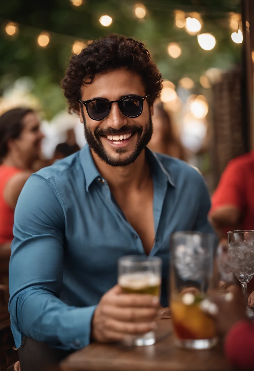 Smiling man in sunglasses and blue shirt in outdoor restaurant, uma foto de Samuel Silva, Reddit, acontecimento, In Sao Paulo, caio santos, icaro carvalho, jewish young man with glasses, imagem do avatar, muito ligeiramente sorridente, maxwell boas, david rios ferreira, ligeiramente sorridente, em um dia ensolarado, sorrindo e olhando diretamente, happily smiling at the camera, Hug by women in red dress, With cocktail in hand, mulheres peitudas, ultra realista, 8k, sex, e Loiras