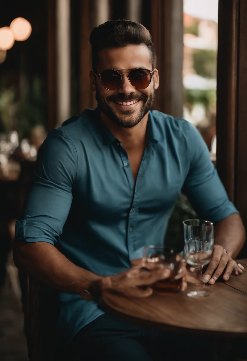 Smiling man in sunglasses and blue shirt in outdoor restaurant, uma foto de Samuel Silva, Reddit, acontecimento, In Sao Paulo, caio santos, icaro carvalho, jewish young man with glasses, imagem do avatar, muito ligeiramente sorridente, maxwell boas, david rios ferreira, ligeiramente sorridente, em um dia ensolarado, sorrindo e olhando diretamente, happily smiling at the camera, Hug by women in red dress, With cocktail in hand, mulheres peitudas, ultra realista, 8k, sex, e Loiras