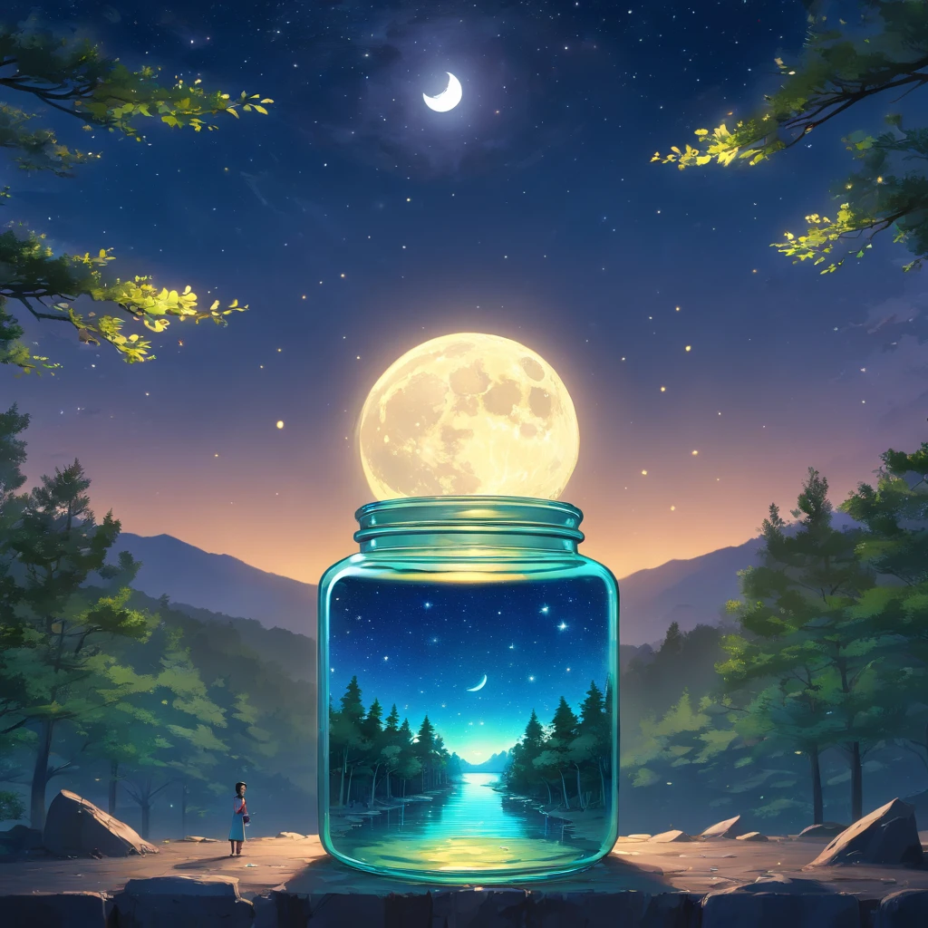 (Moon as subject, starry sky, in bottle), Atmospheric Oliva Lighting, 4k UHD, Dark Atmosphere, Ultra Detailed, Vibrant Color Forest Background, Epic Composition, Octane Rendering, Sharp Focus, High Resolution Isometric