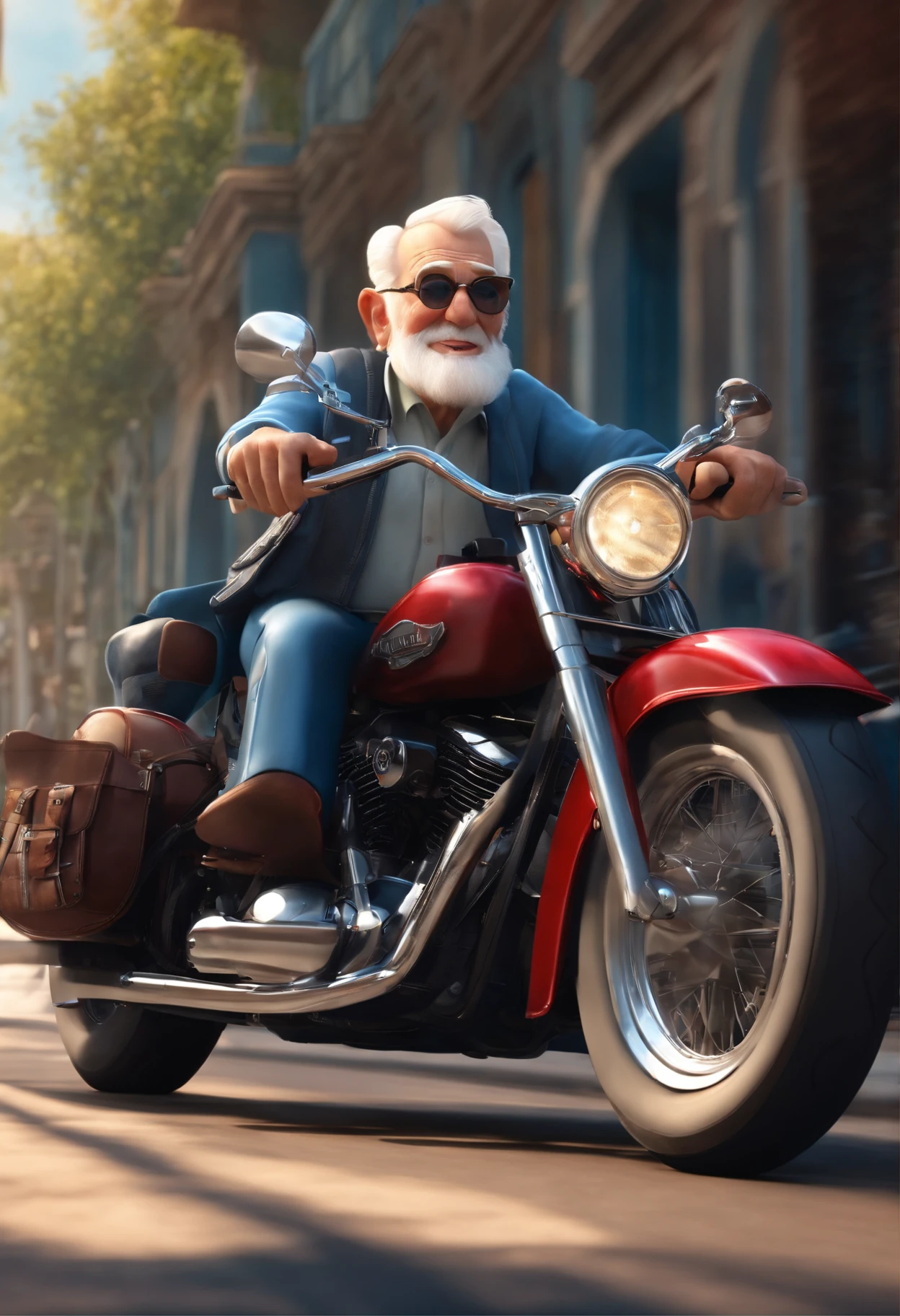 a 3D Disney Pixar style poster of an elderly man with blue eyes, pilotando uma Harley Davison 883 em um passeio de motocicleta