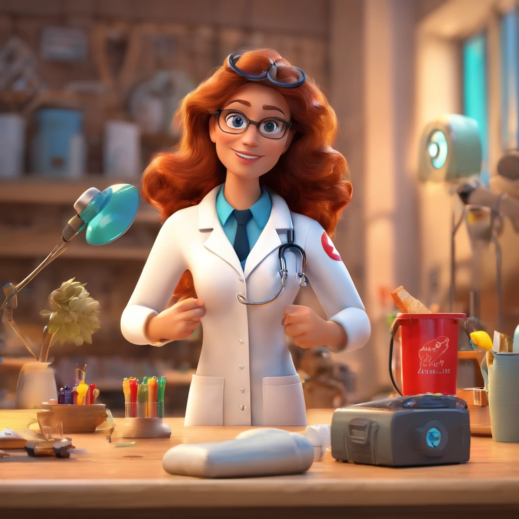 create a 3D movie poster inspired by Disney Pixar, The scene should be in Pixar's signature digital art style, with a caricature image of a curly medical woman with long hair in prone position, wearing a lab coat and stethoscope